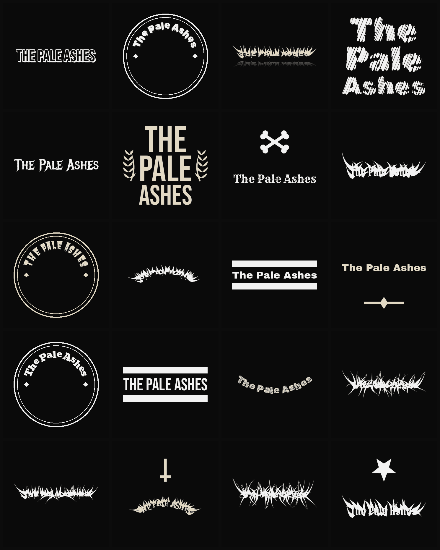 Twenty The Pale Ashes band logo ideas — different faces, treatments and spike settings