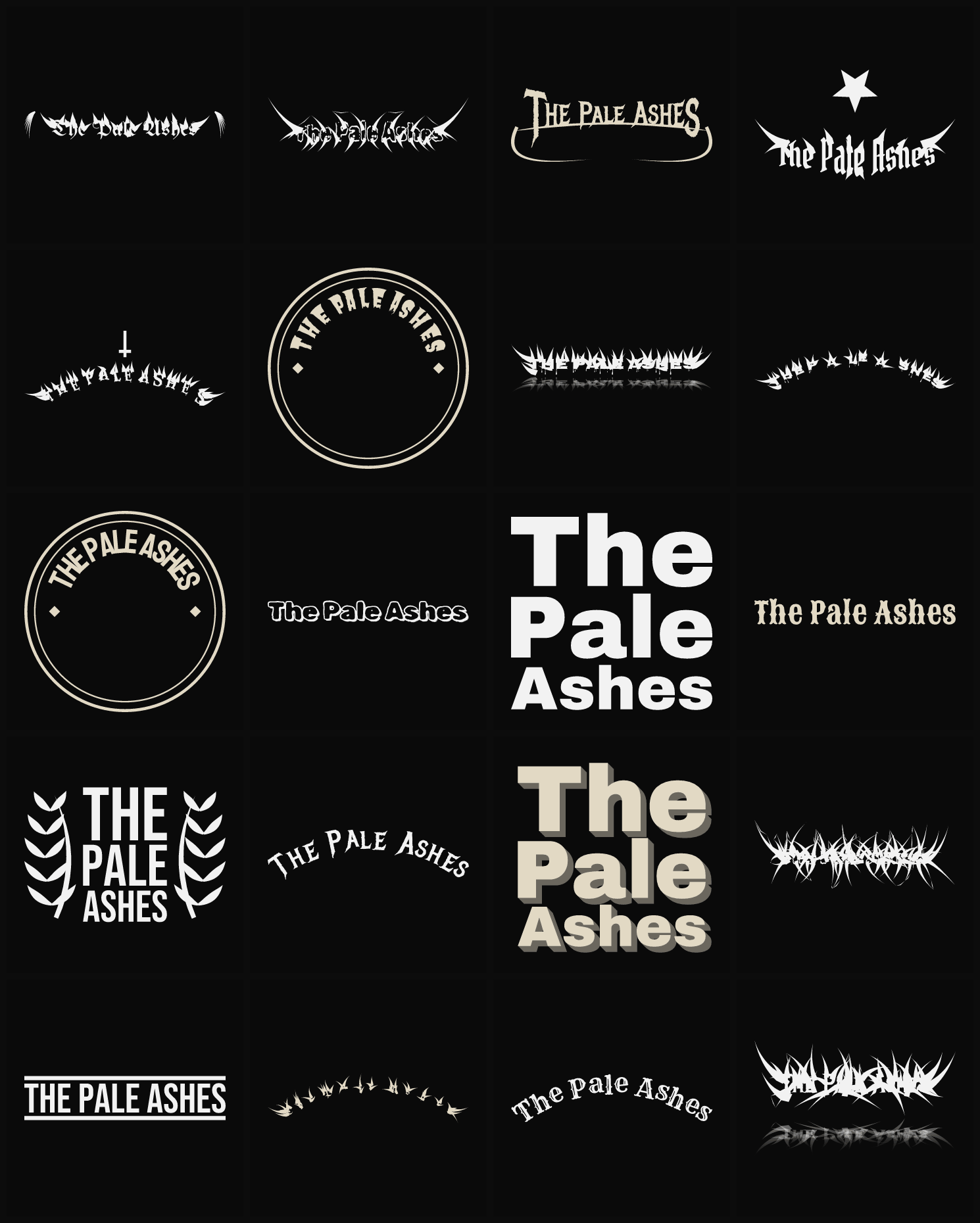 Twenty The Pale Ashes band logo ideas — different faces, treatments and spike settings