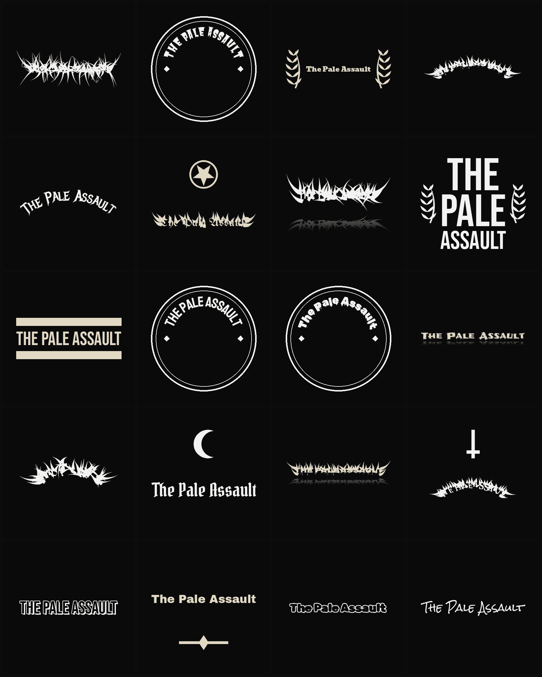 Twenty The Pale Assault band logo ideas — different faces, treatments and spike settings