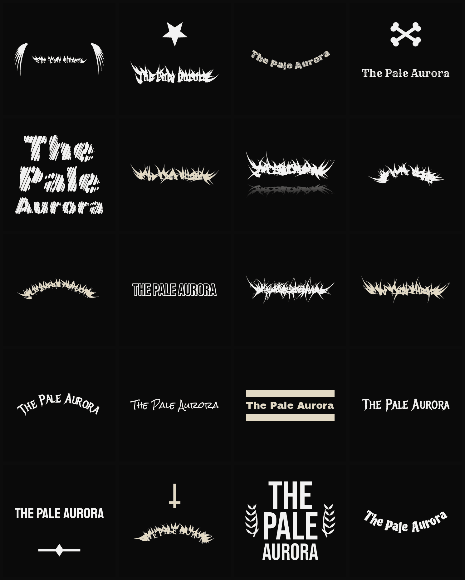 Twenty The Pale Aurora band logo ideas — different faces, treatments and spike settings