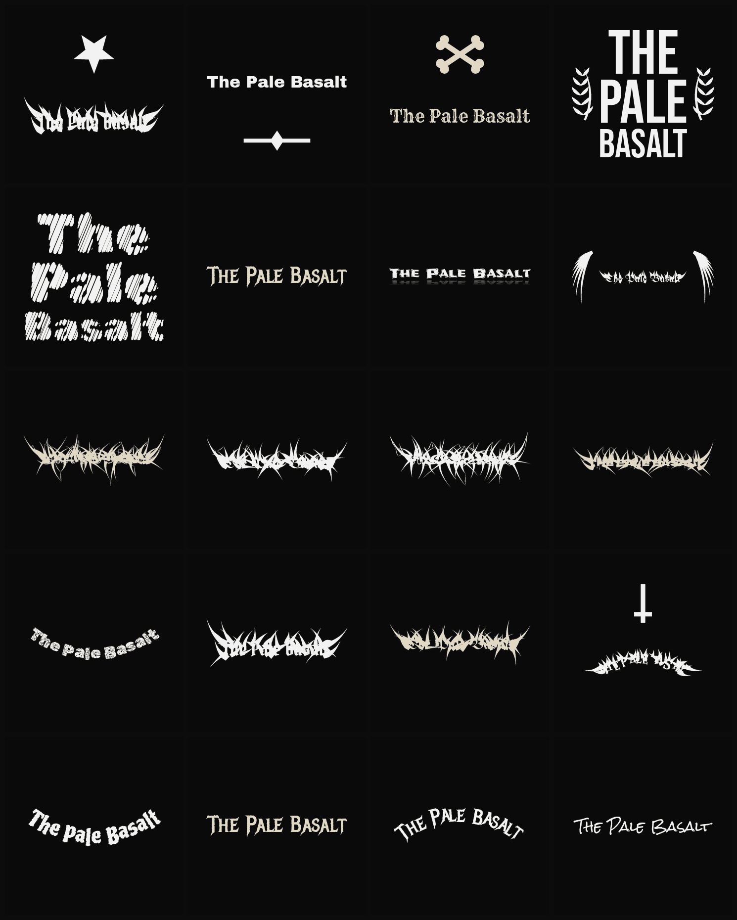 Twenty The Pale Basalt band logo ideas — different faces, treatments and spike settings