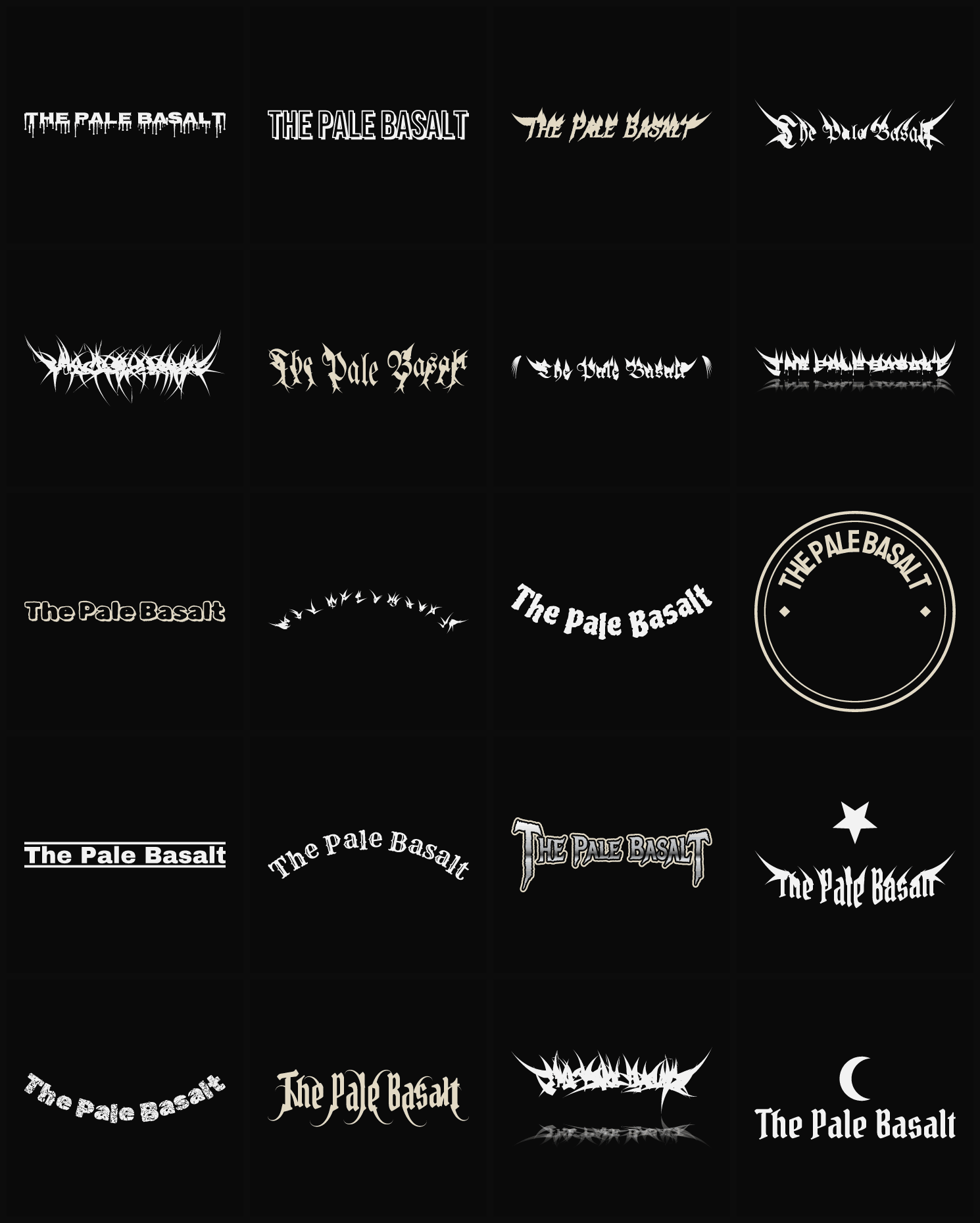 Twenty The Pale Basalt band logo ideas — different faces, treatments and spike settings