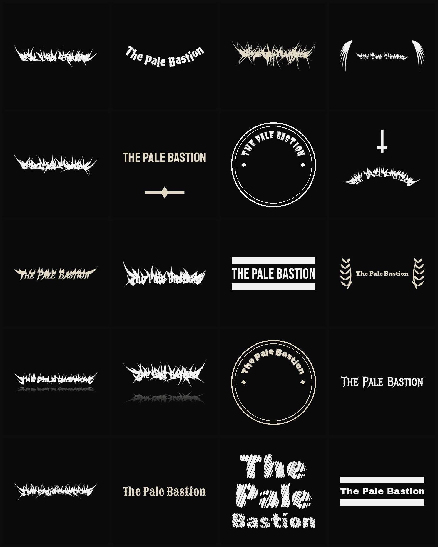 Twenty The Pale Bastion band logo ideas — different faces, treatments and spike settings