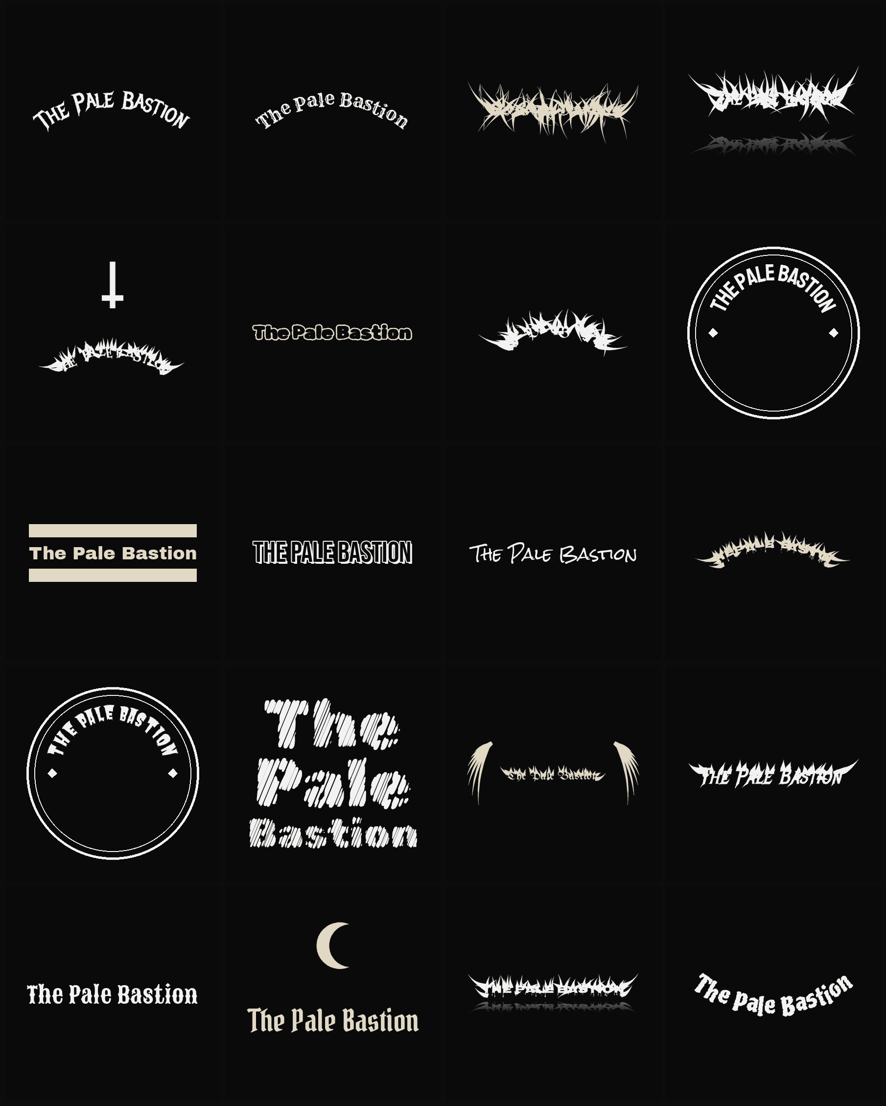 Twenty The Pale Bastion band logo ideas — different faces, treatments and spike settings
