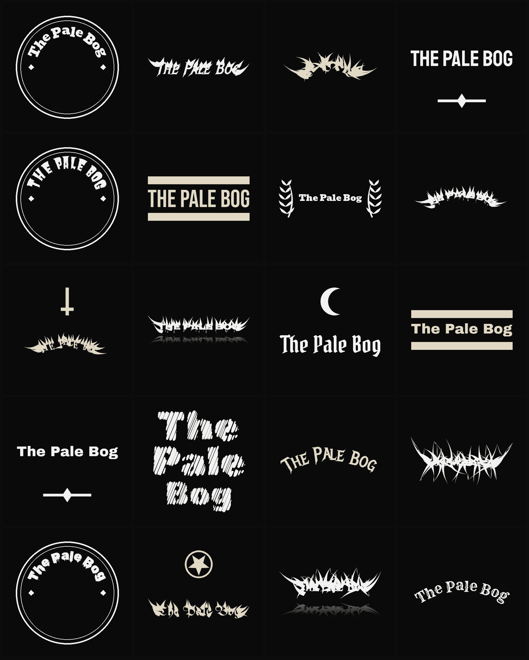 Twenty The Pale Bog band logo ideas — different faces, treatments and spike settings