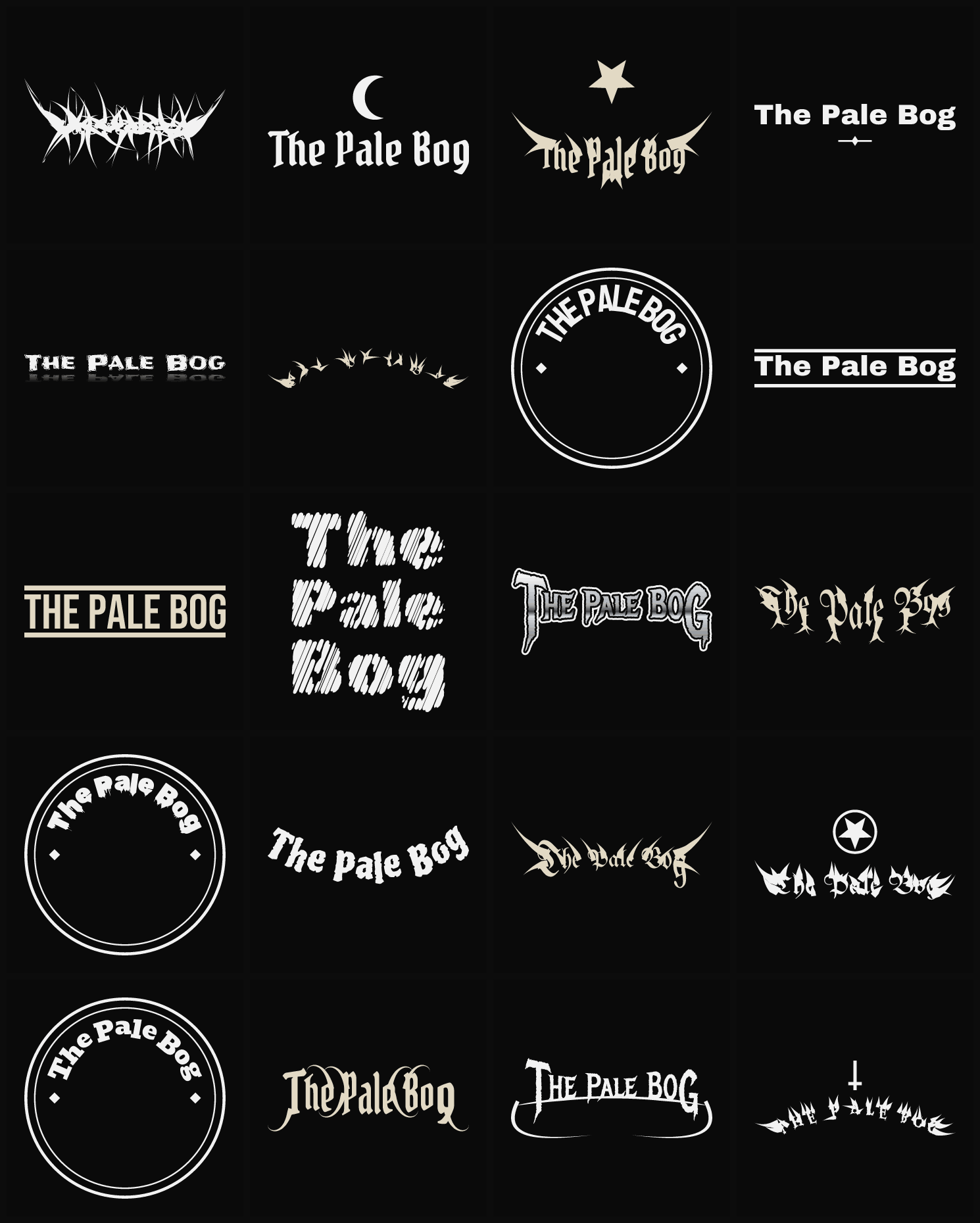 Twenty The Pale Bog band logo ideas — different faces, treatments and spike settings