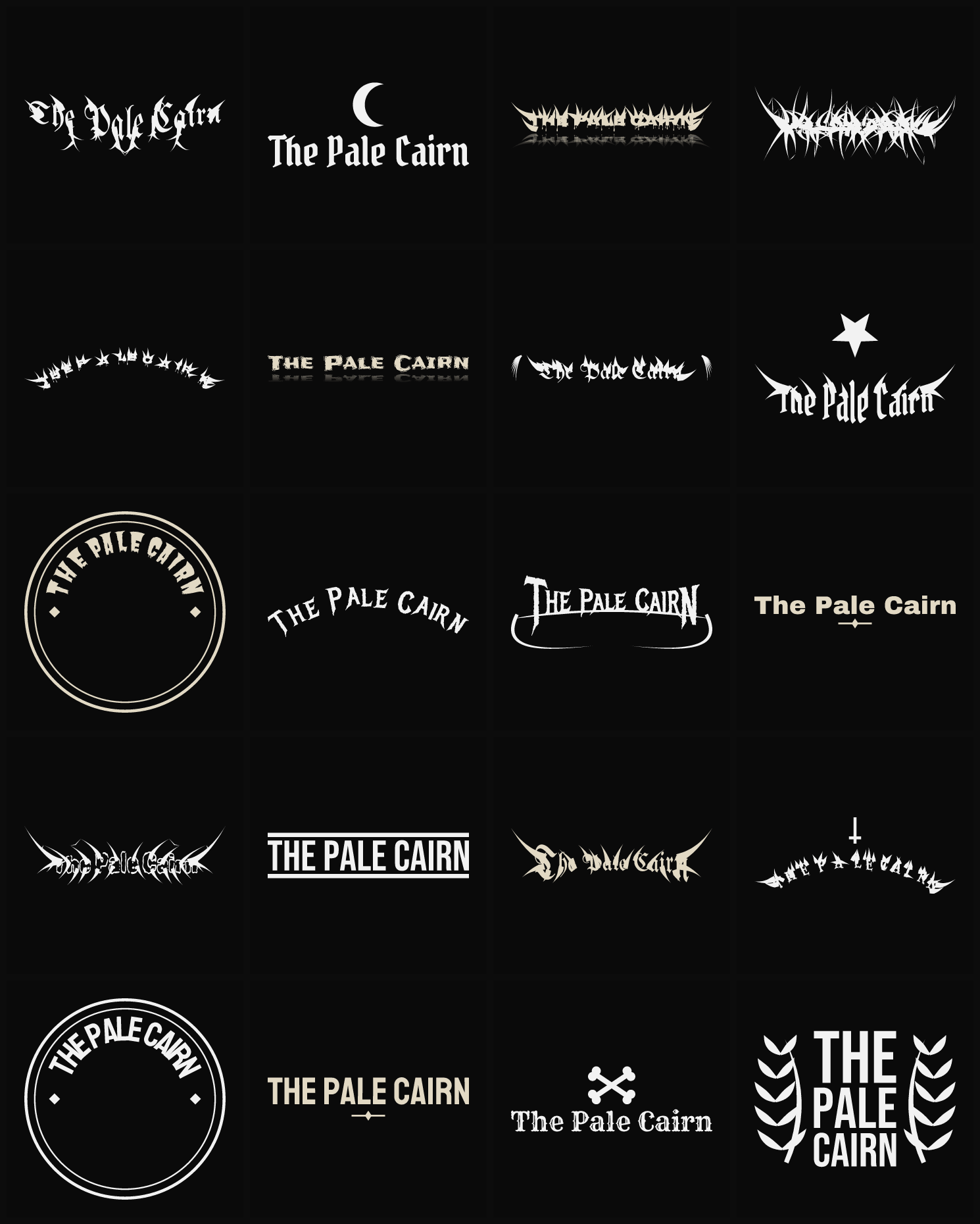 Twenty The Pale Cairn band logo ideas — different faces, treatments and spike settings