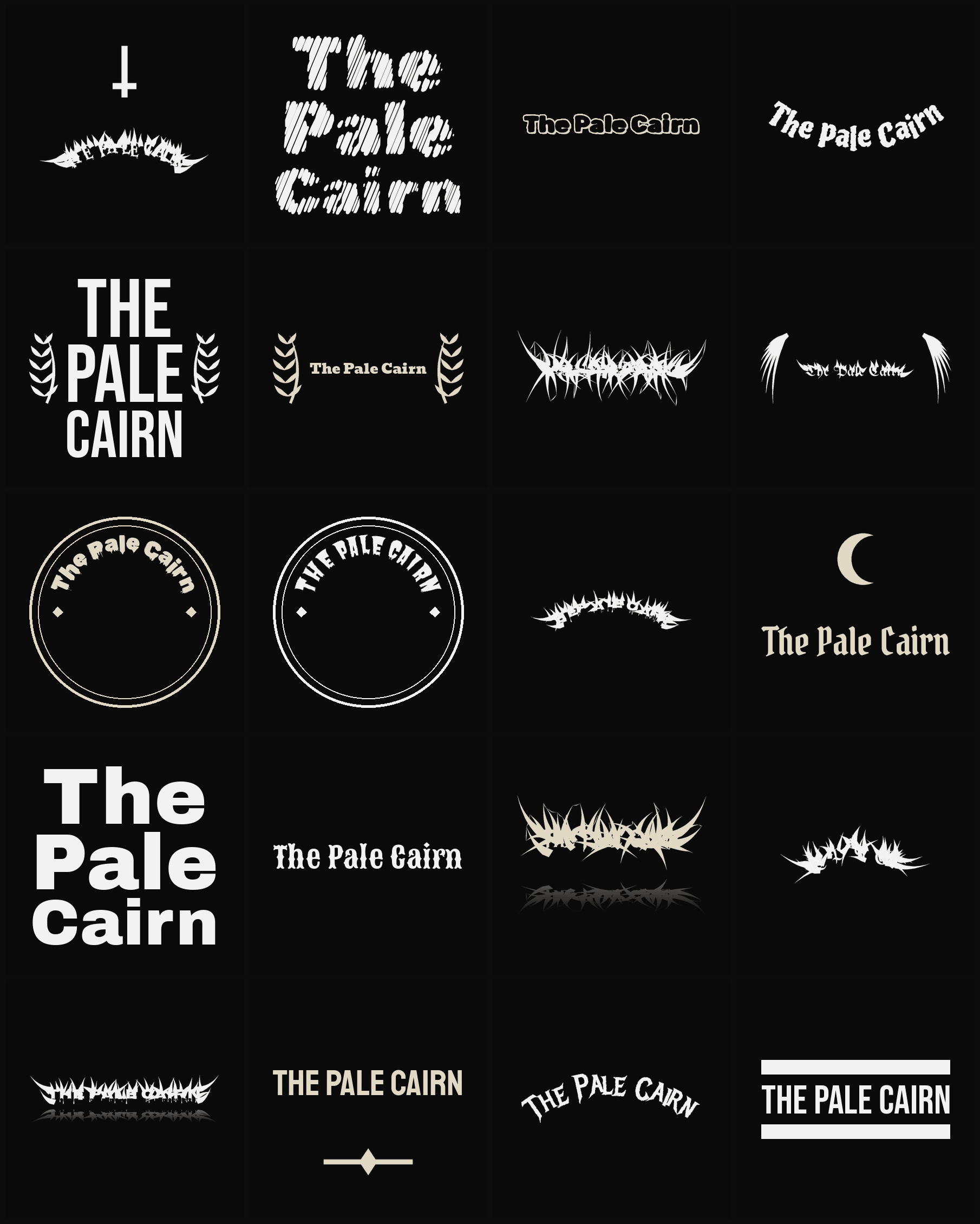 Twenty The Pale Cairn band logo ideas — different faces, treatments and spike settings