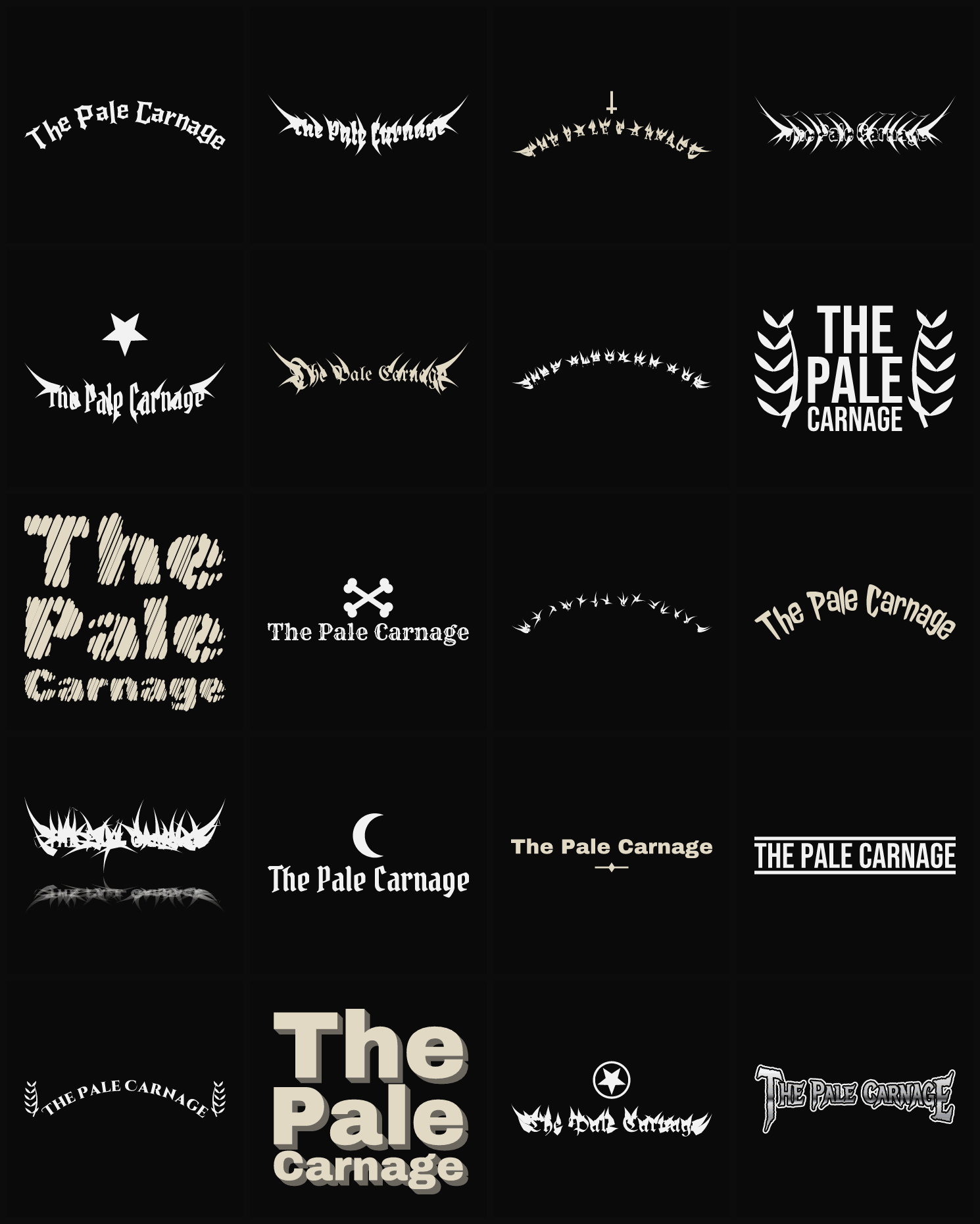 Twenty The Pale Carnage band logo ideas — different faces, treatments and spike settings