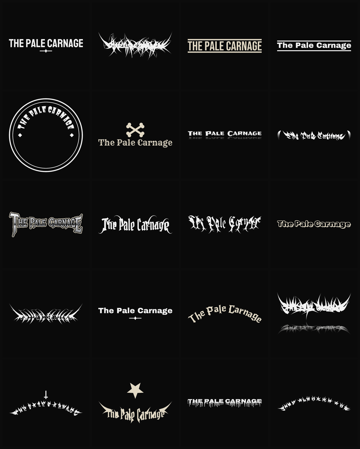 Twenty The Pale Carnage band logo ideas — different faces, treatments and spike settings