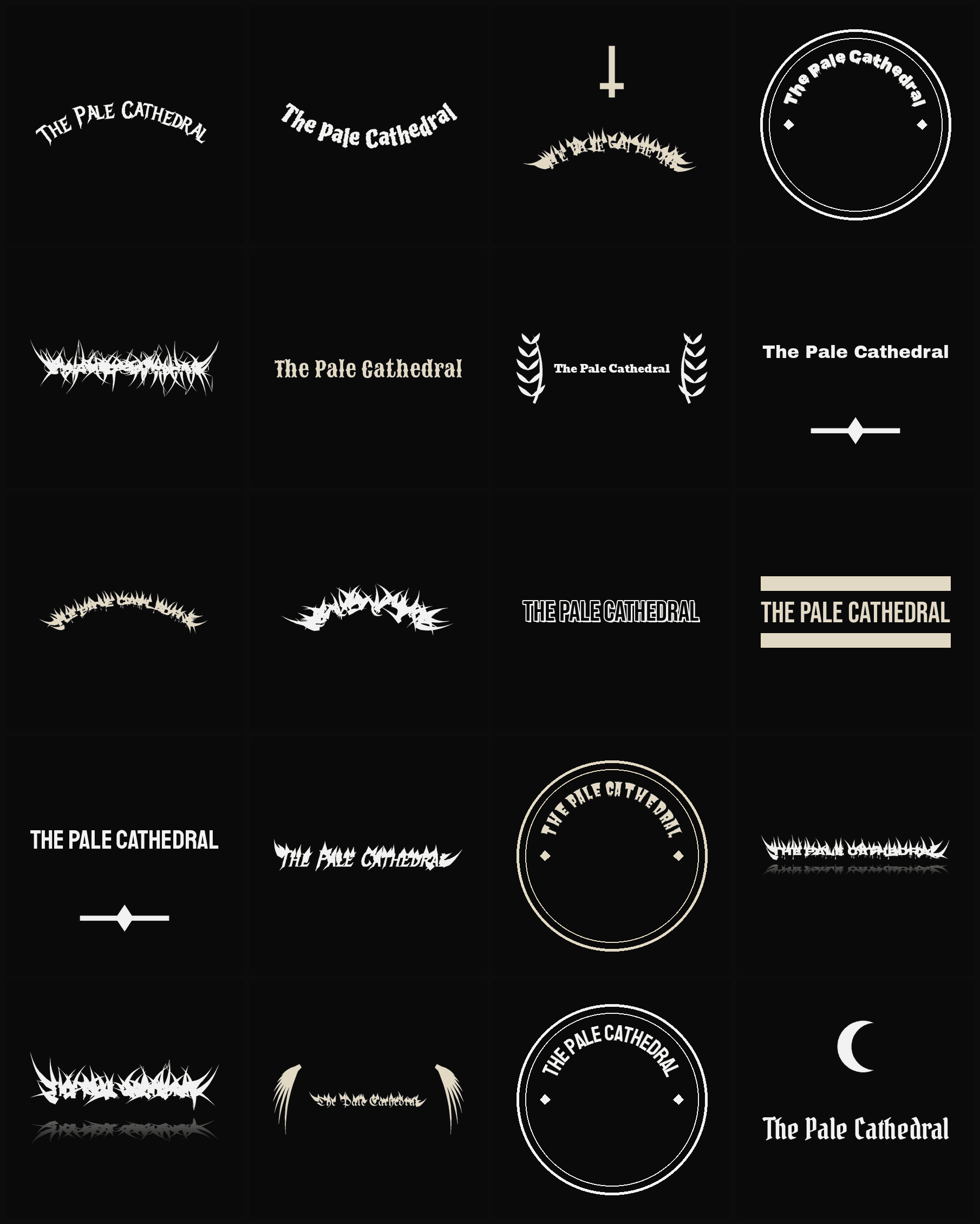 Twenty The Pale Cathedral band logo ideas — different faces, treatments and spike settings