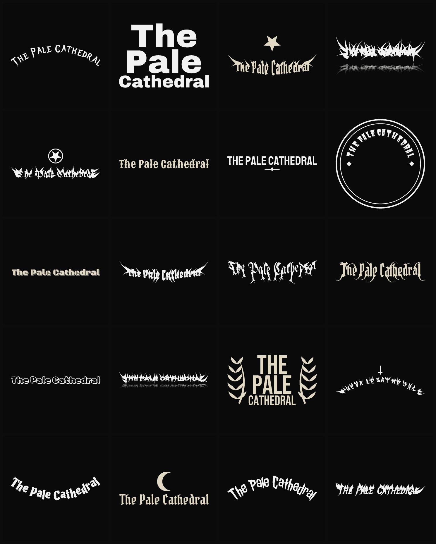 Twenty The Pale Cathedral band logo ideas — different faces, treatments and spike settings