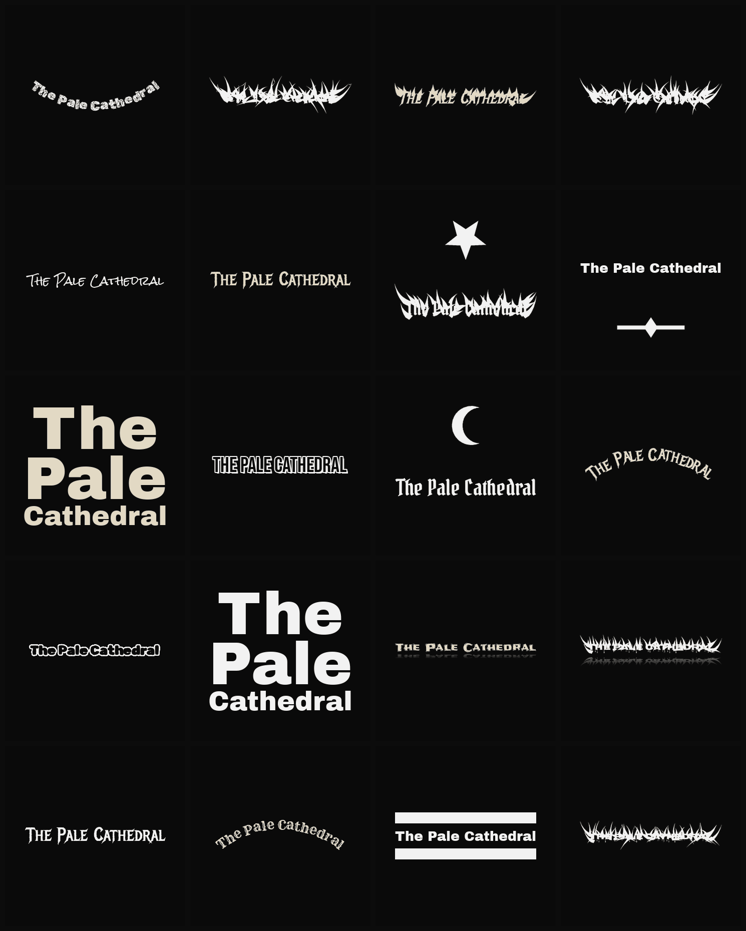 Twenty The Pale Cathedral band logo ideas — different faces, treatments and spike settings