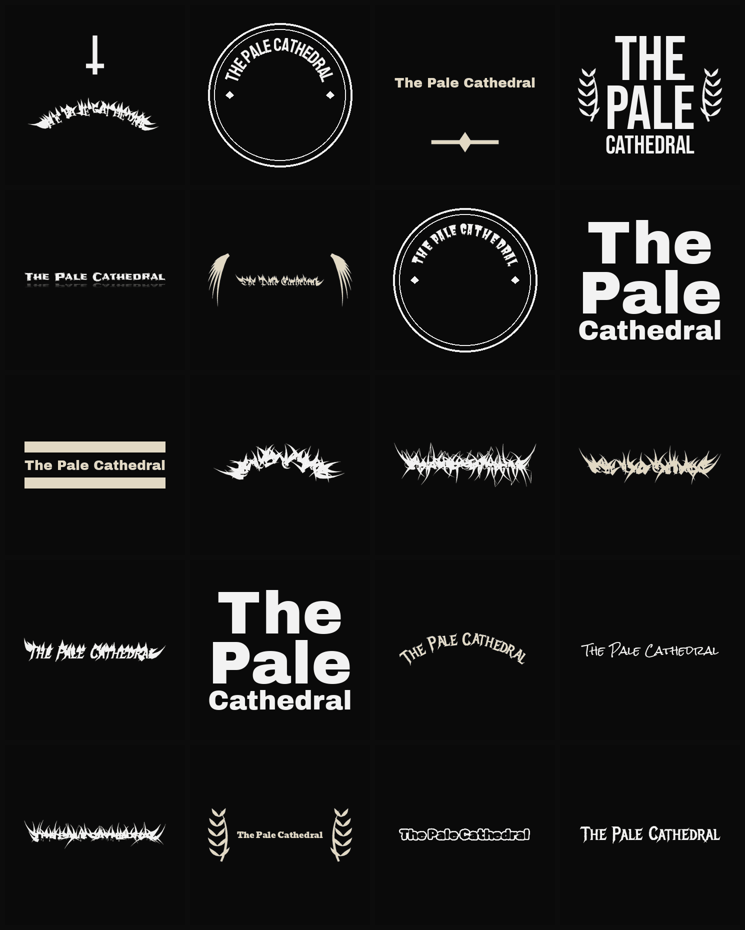 Twenty The Pale Cathedral band logo ideas — different faces, treatments and spike settings