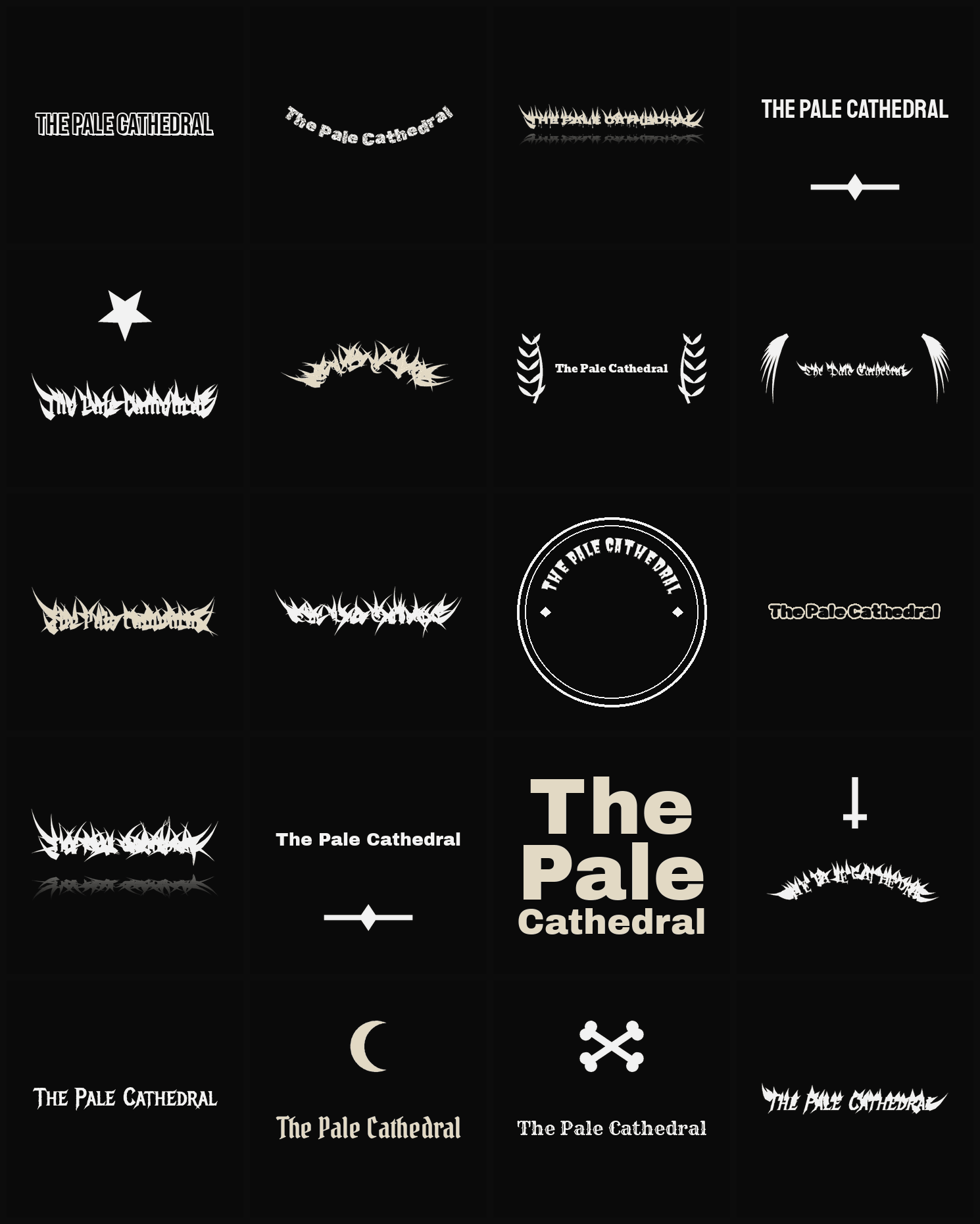 Twenty The Pale Cathedral band logo ideas — different faces, treatments and spike settings