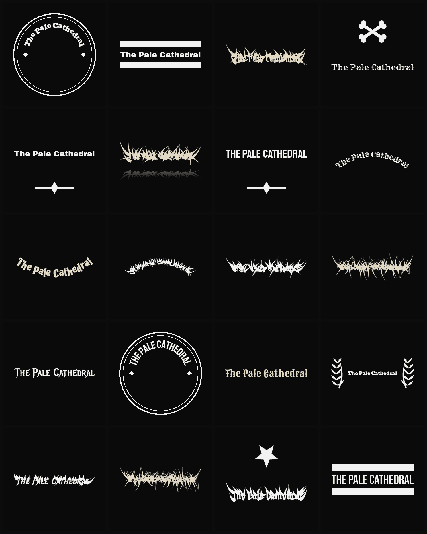 Twenty The Pale Cathedral band logo ideas — different faces, treatments and spike settings