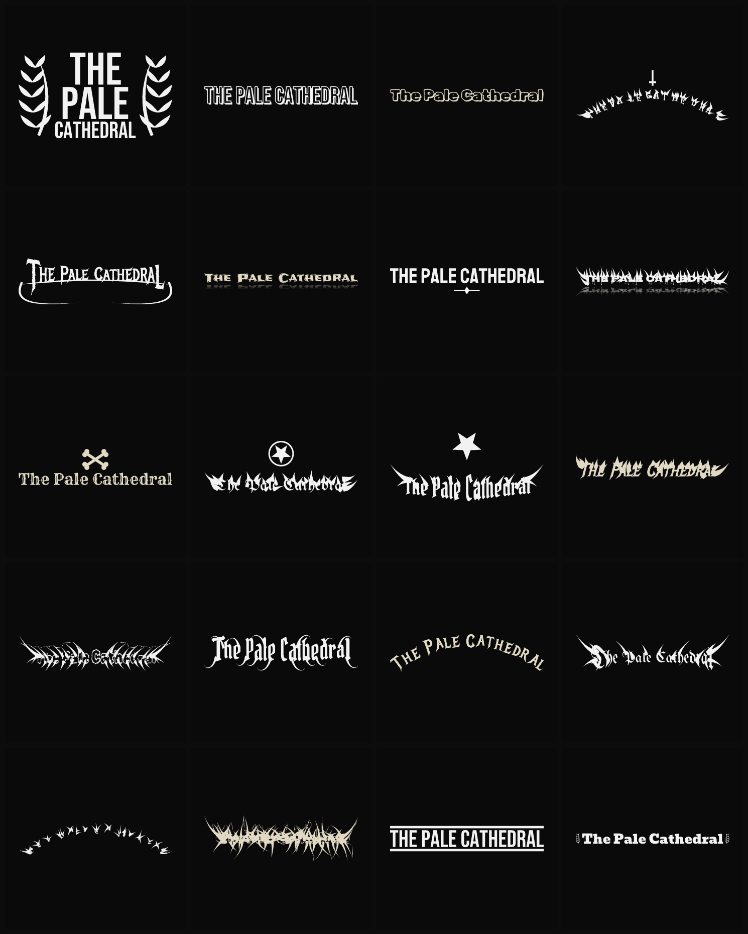 Twenty The Pale Cathedral band logo ideas — different faces, treatments and spike settings