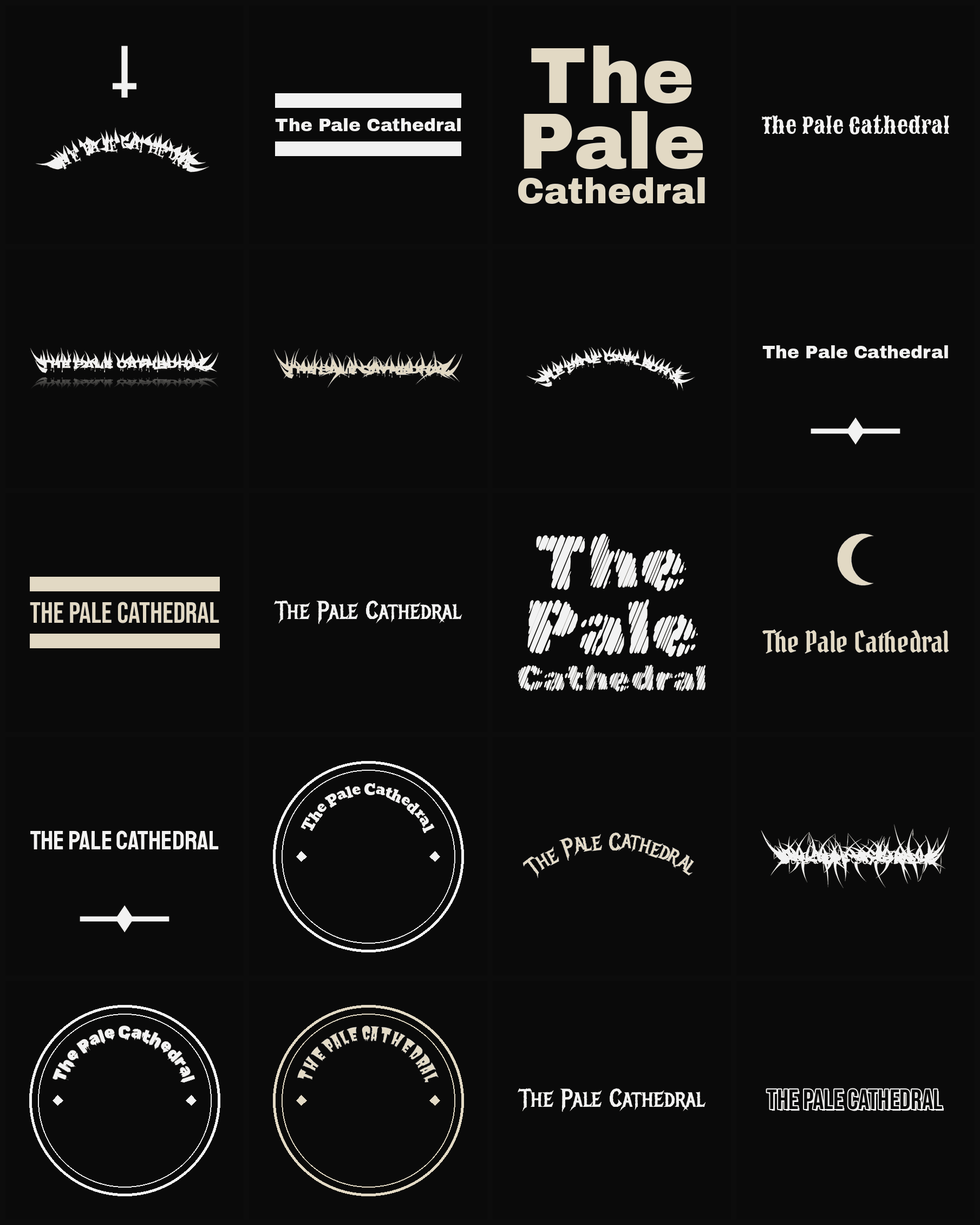 Twenty The Pale Cathedral band logo ideas — different faces, treatments and spike settings