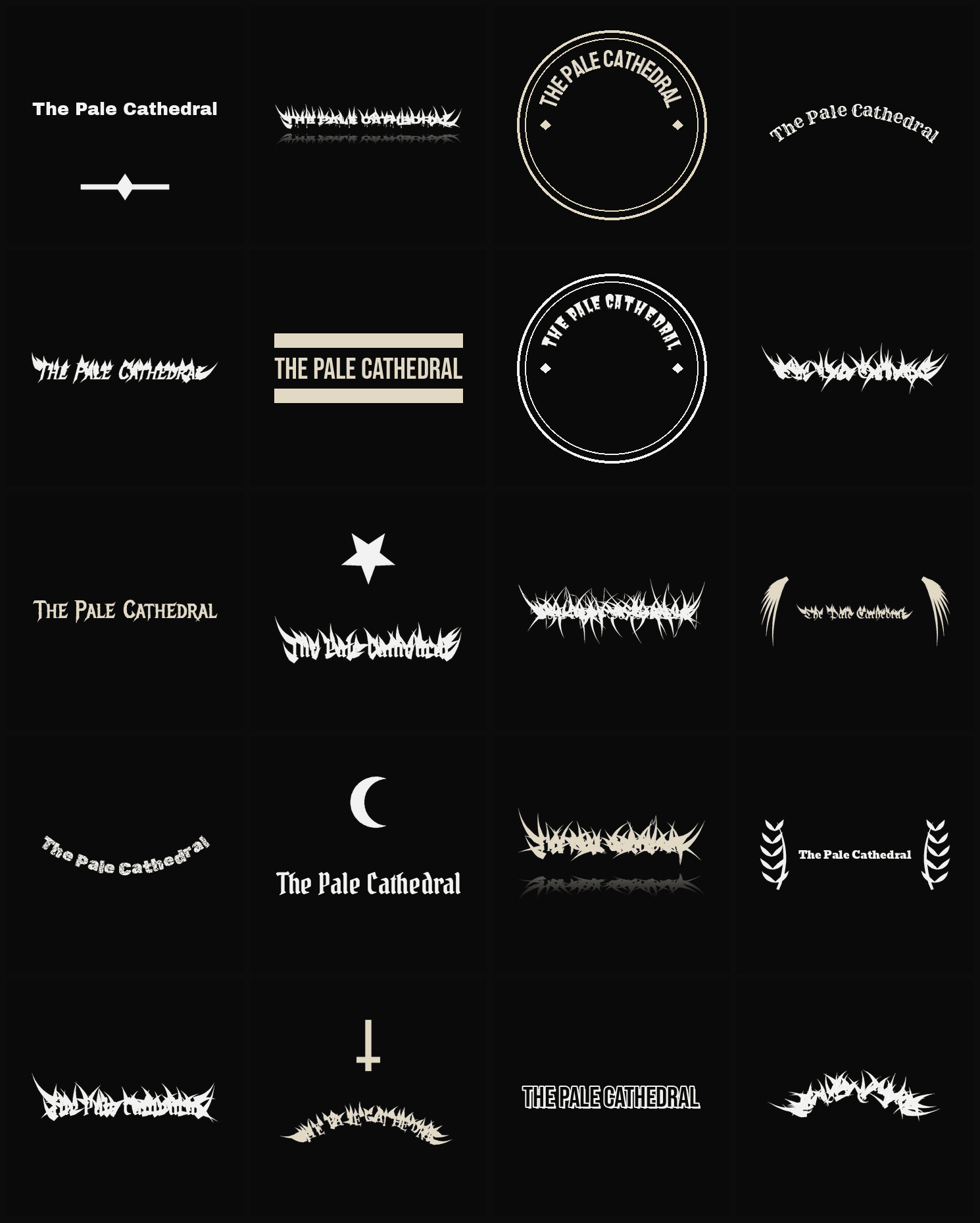 Twenty The Pale Cathedral band logo ideas — different faces, treatments and spike settings