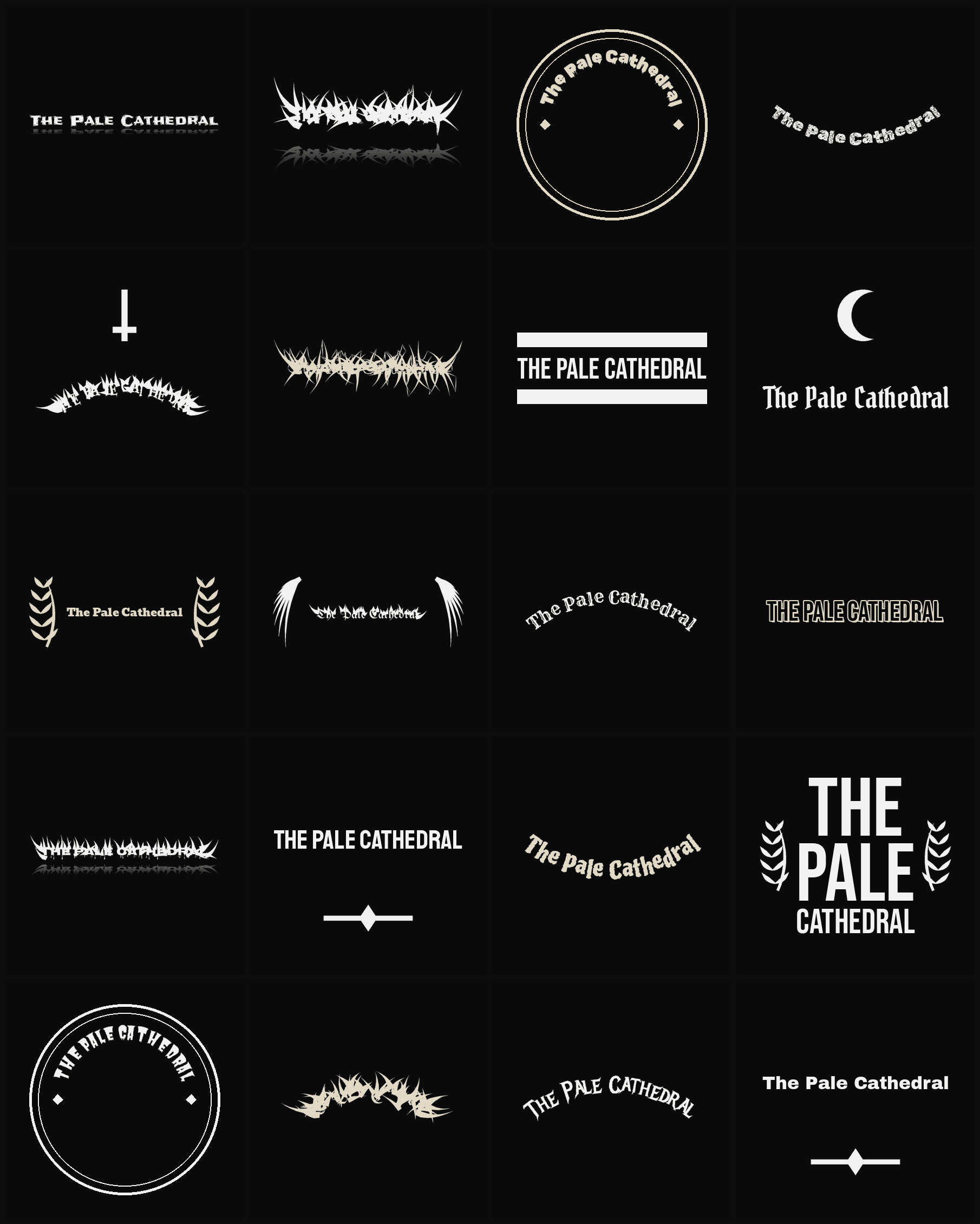 Twenty The Pale Cathedral band logo ideas — different faces, treatments and spike settings