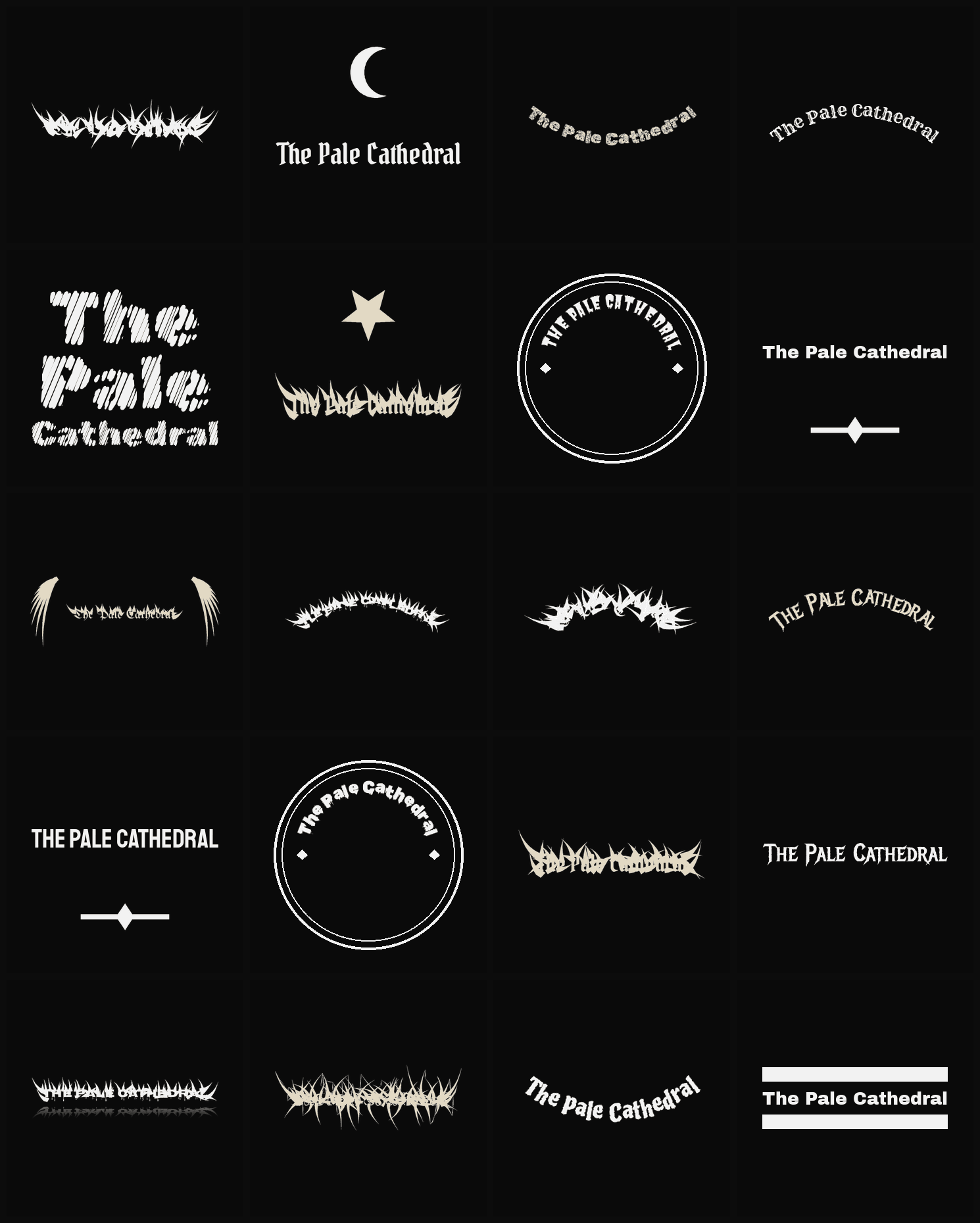 Twenty The Pale Cathedral band logo ideas — different faces, treatments and spike settings