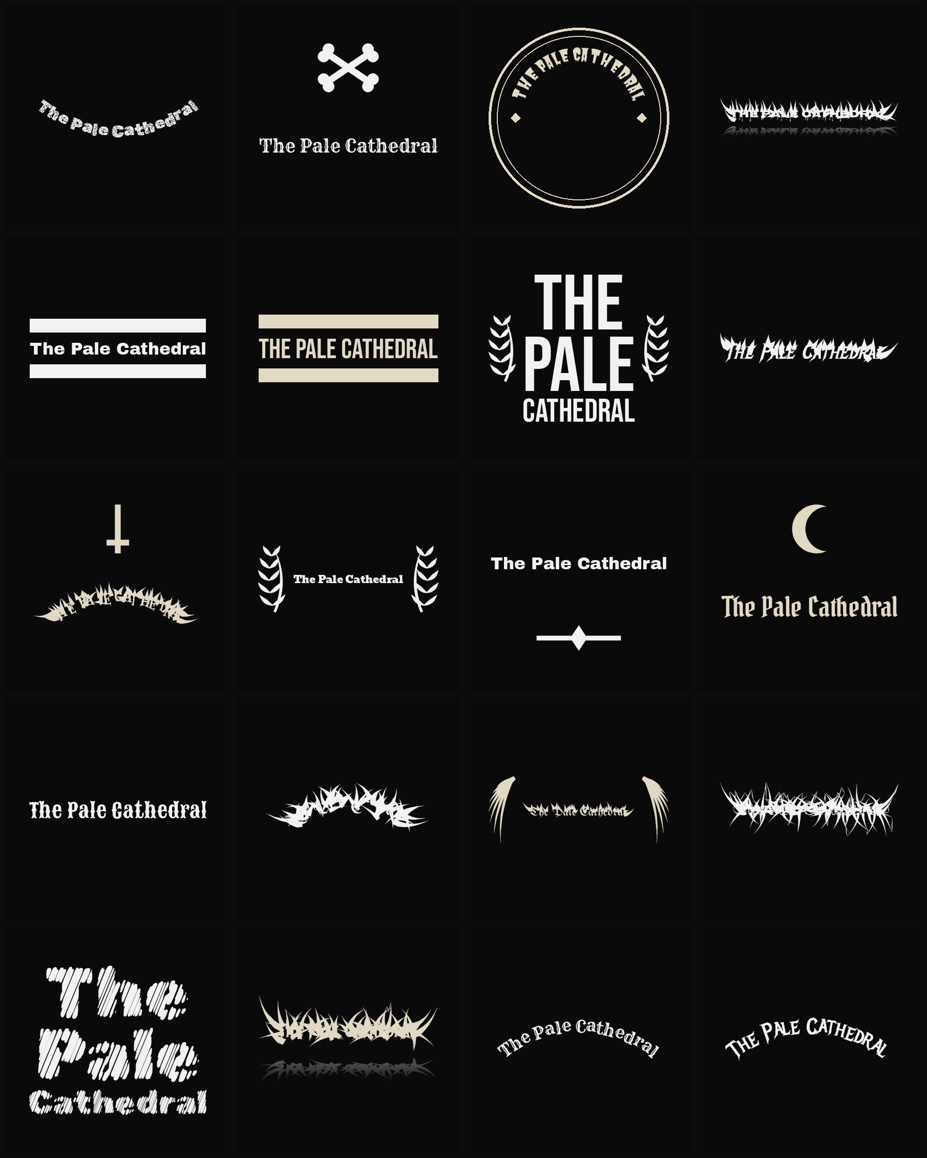 Twenty The Pale Cathedral band logo ideas — different faces, treatments and spike settings