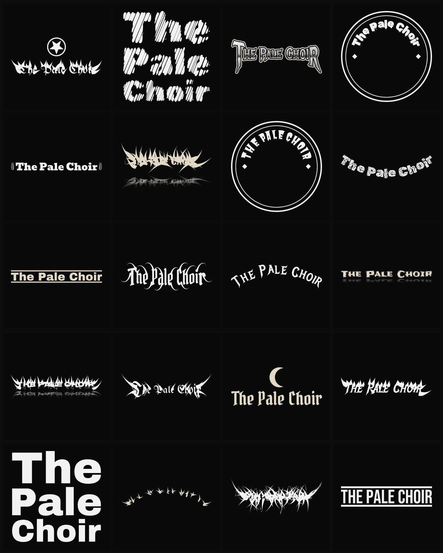 Twenty The Pale Choir band logo ideas — different faces, treatments and spike settings