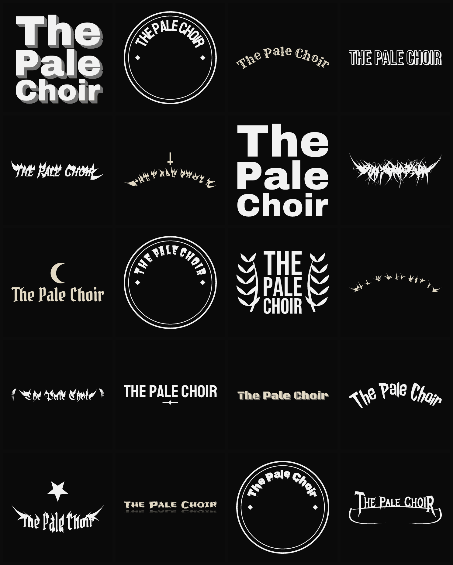 Twenty The Pale Choir band logo ideas — different faces, treatments and spike settings