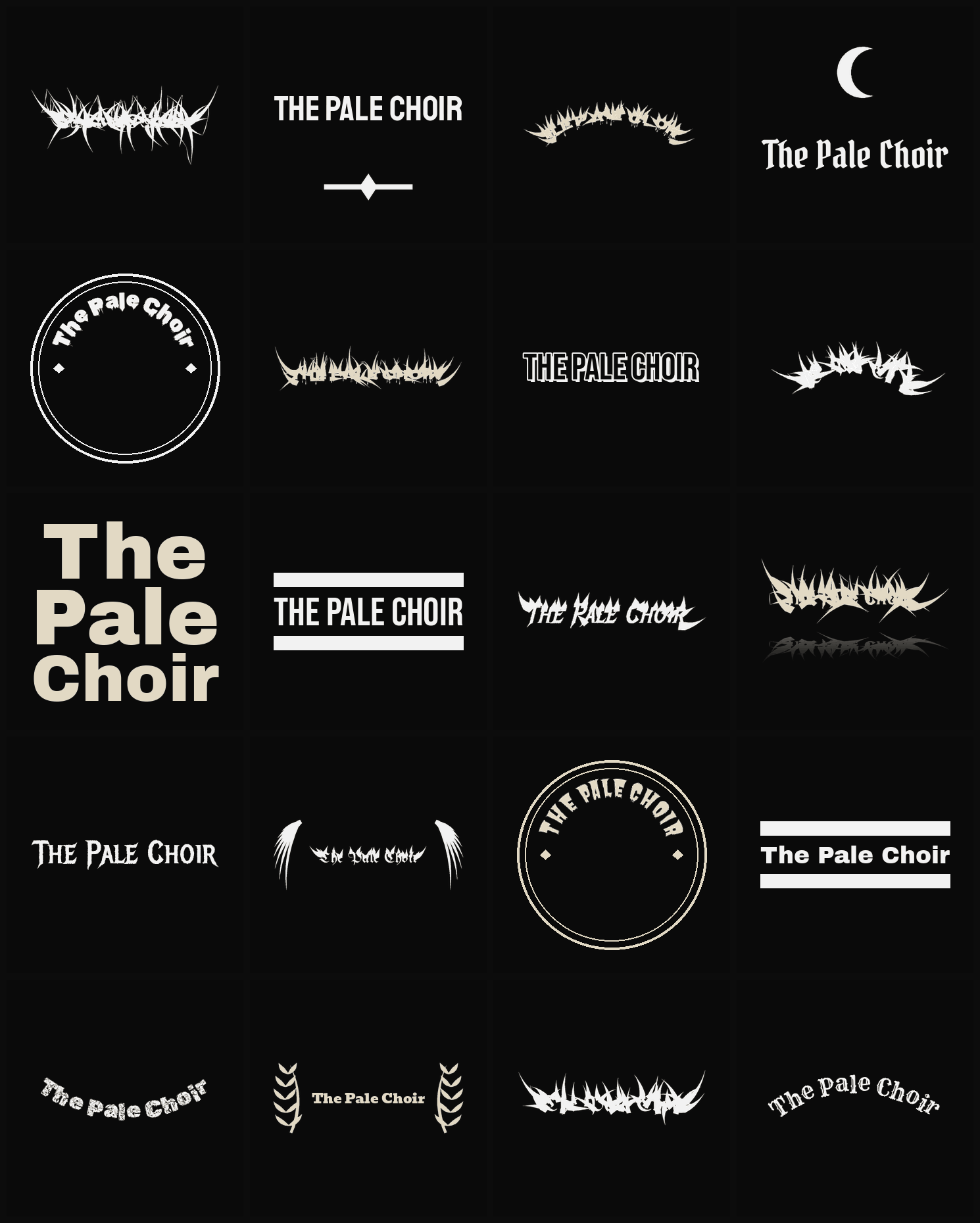 Twenty The Pale Choir band logo ideas — different faces, treatments and spike settings