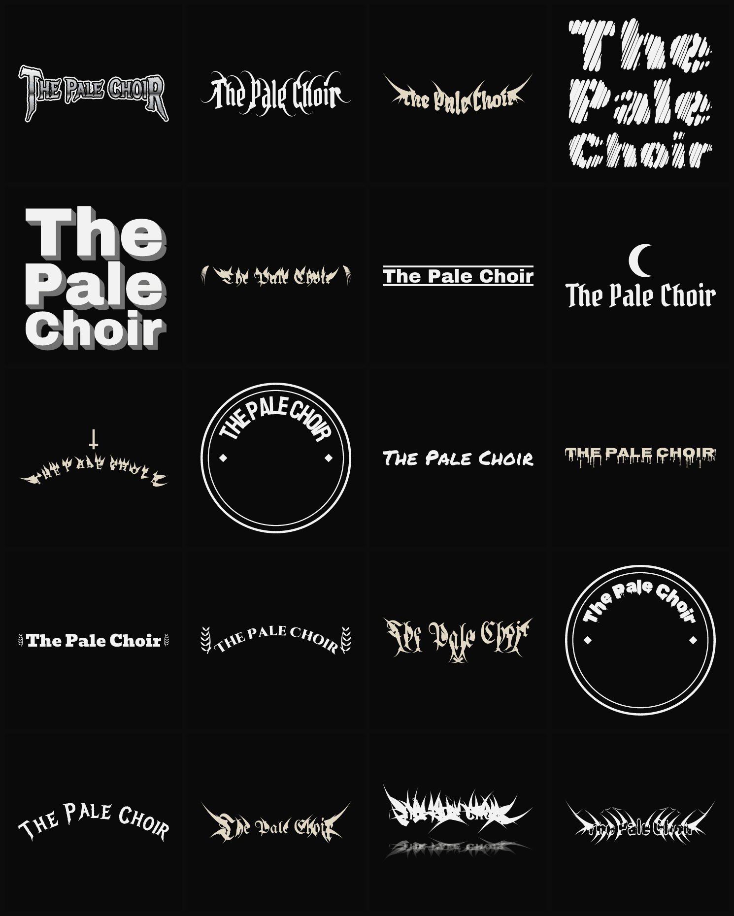 Twenty The Pale Choir band logo ideas — different faces, treatments and spike settings