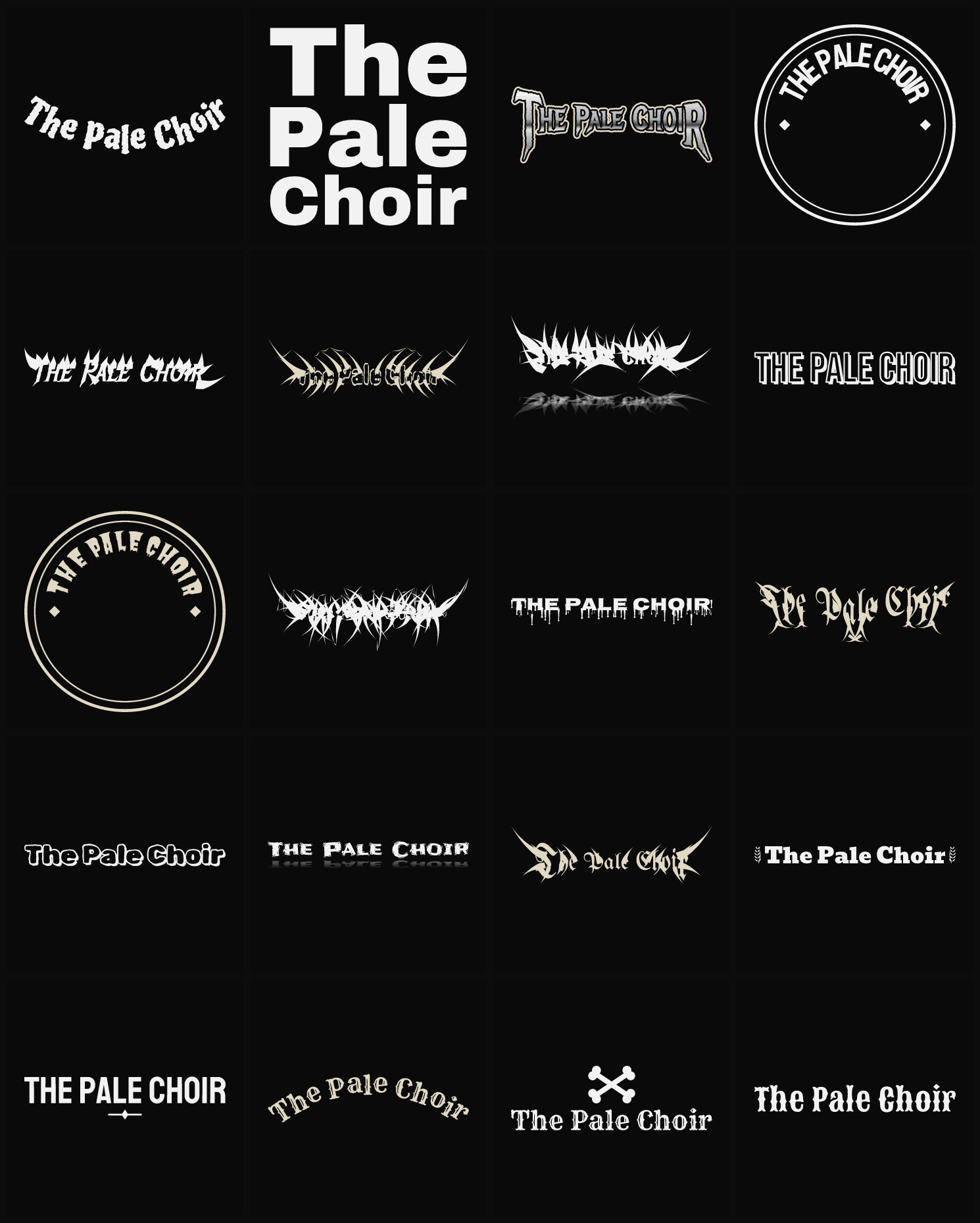 Twenty The Pale Choir band logo ideas — different faces, treatments and spike settings