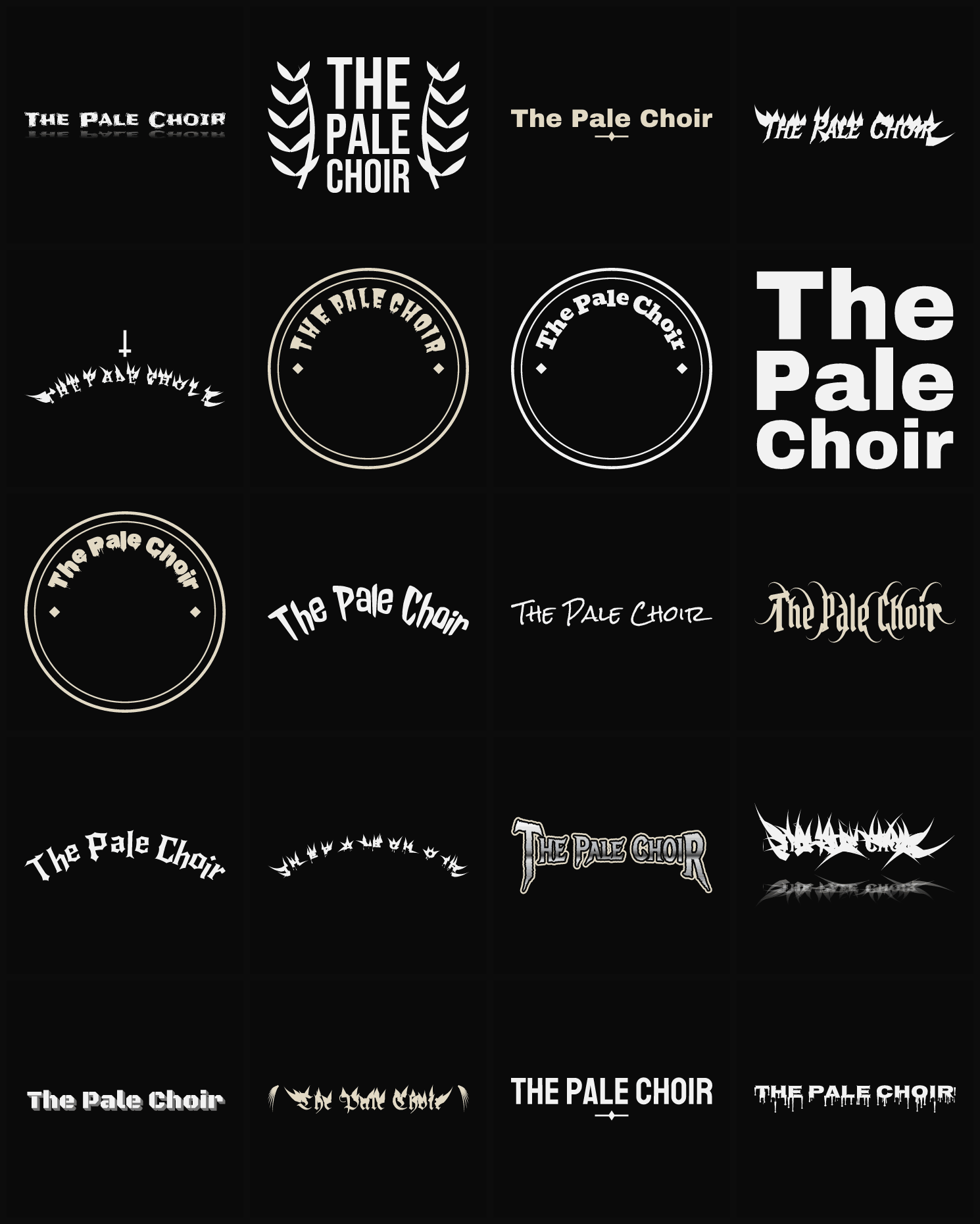 Twenty The Pale Choir band logo ideas — different faces, treatments and spike settings