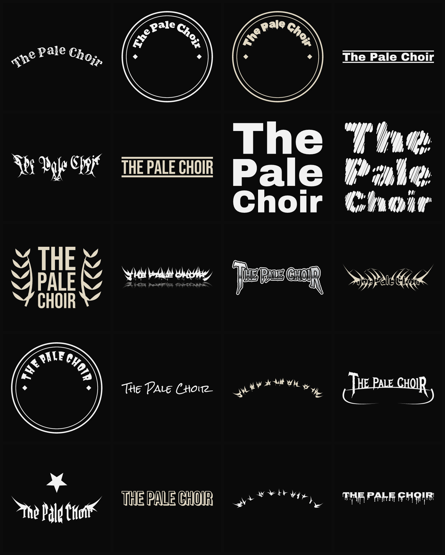 Twenty The Pale Choir band logo ideas — different faces, treatments and spike settings