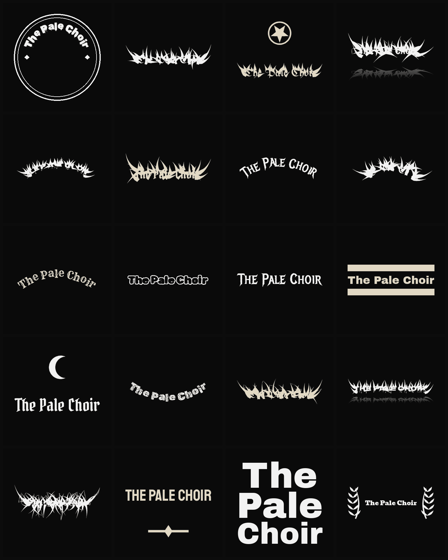 Twenty The Pale Choir band logo ideas — different faces, treatments and spike settings