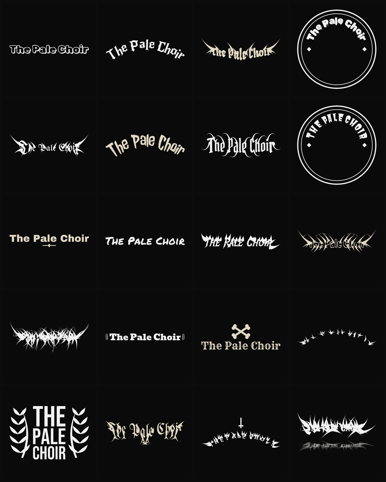 Twenty The Pale Choir band logo ideas — different faces, treatments and spike settings