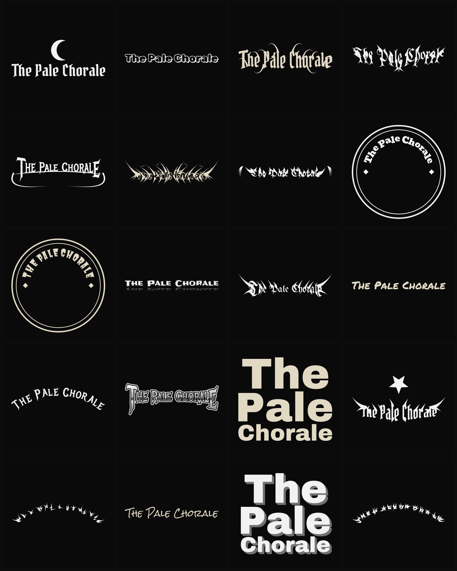 Twenty The Pale Chorale band logo ideas — different faces, treatments and spike settings