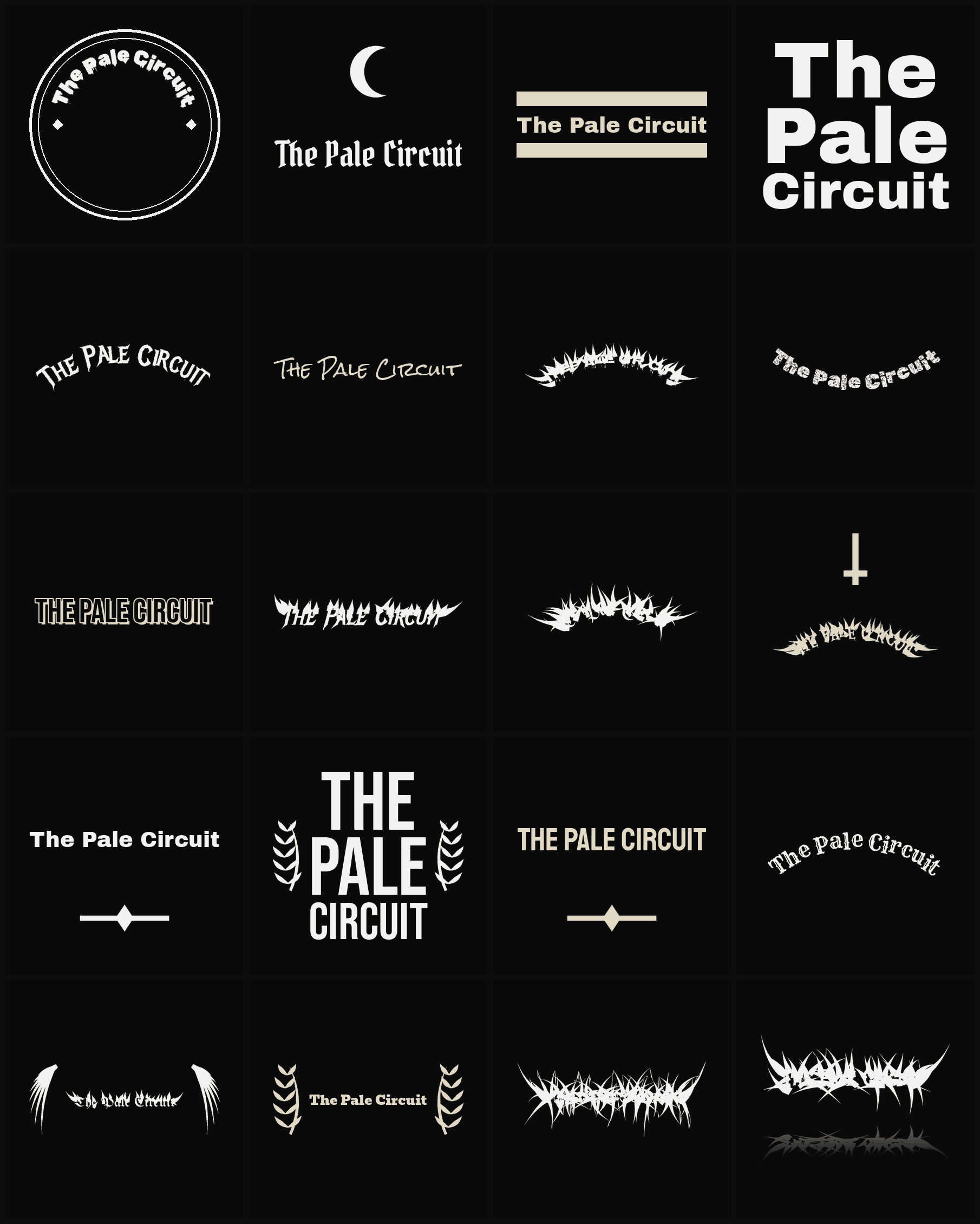 Twenty The Pale Circuit band logo ideas — different faces, treatments and spike settings