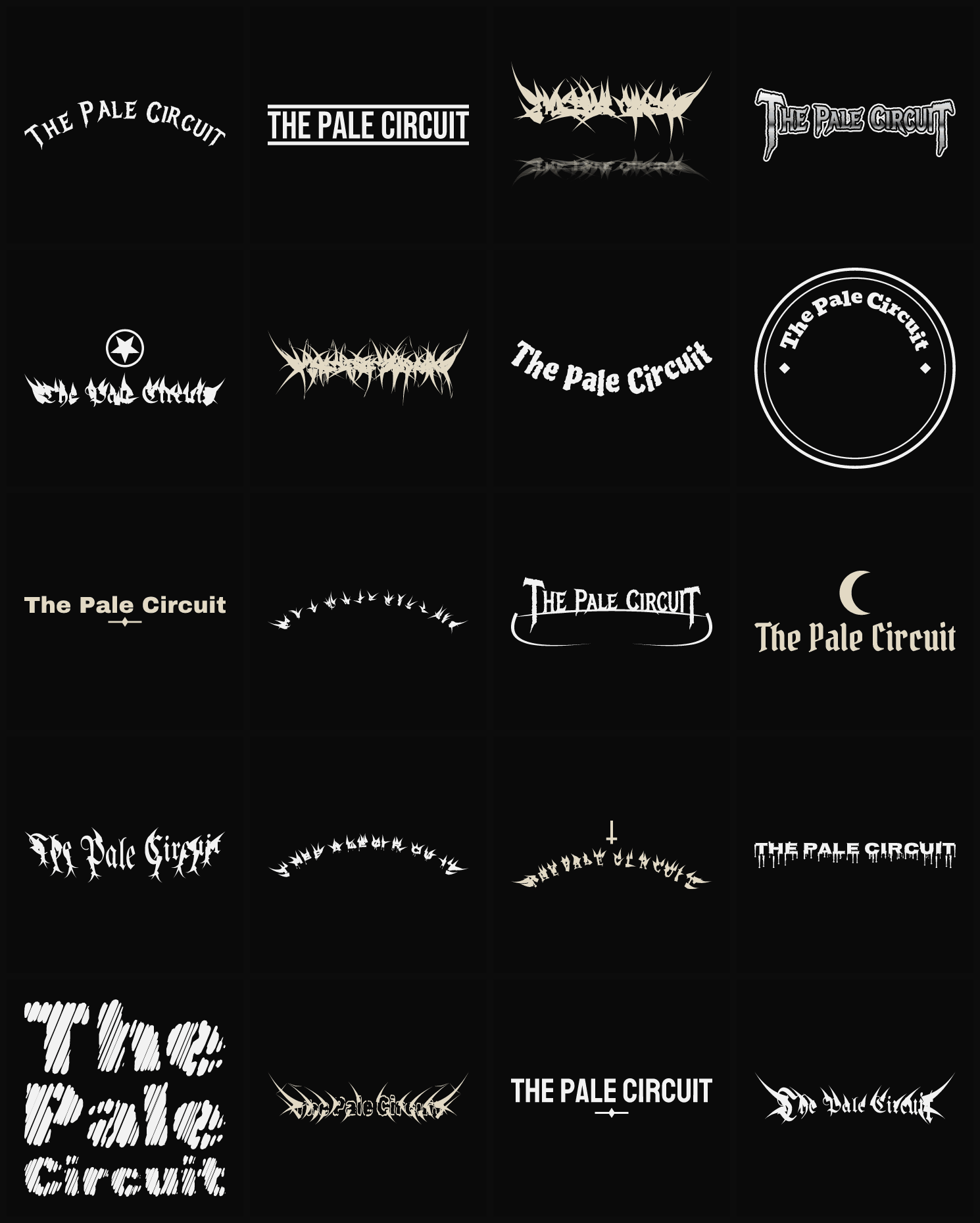 Twenty The Pale Circuit band logo ideas — different faces, treatments and spike settings