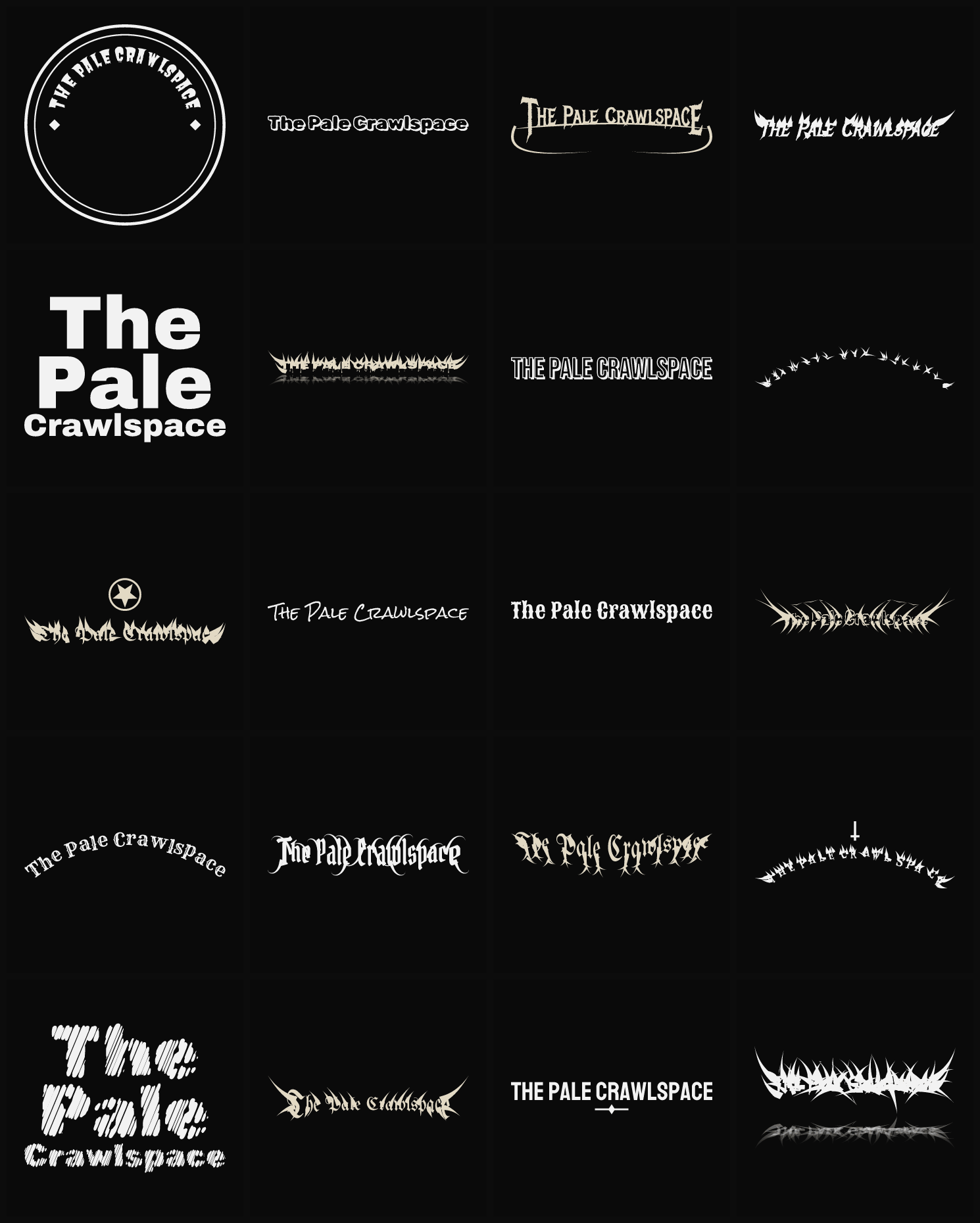 Twenty The Pale Crawlspace band logo ideas — different faces, treatments and spike settings