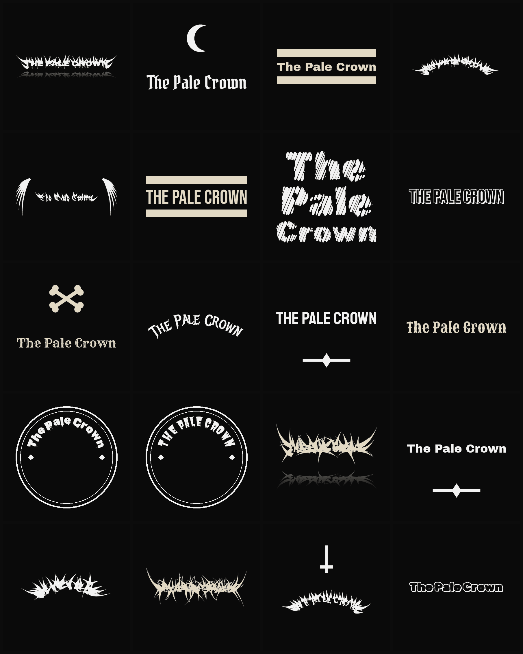 Twenty The Pale Crown band logo ideas — different faces, treatments and spike settings
