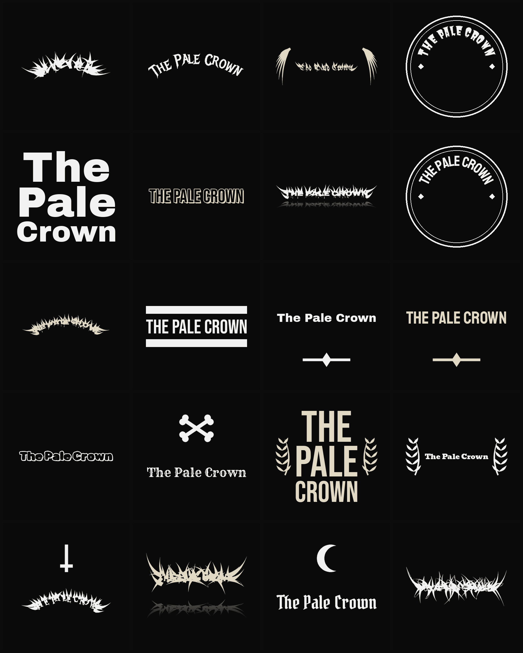 Twenty The Pale Crown band logo ideas — different faces, treatments and spike settings