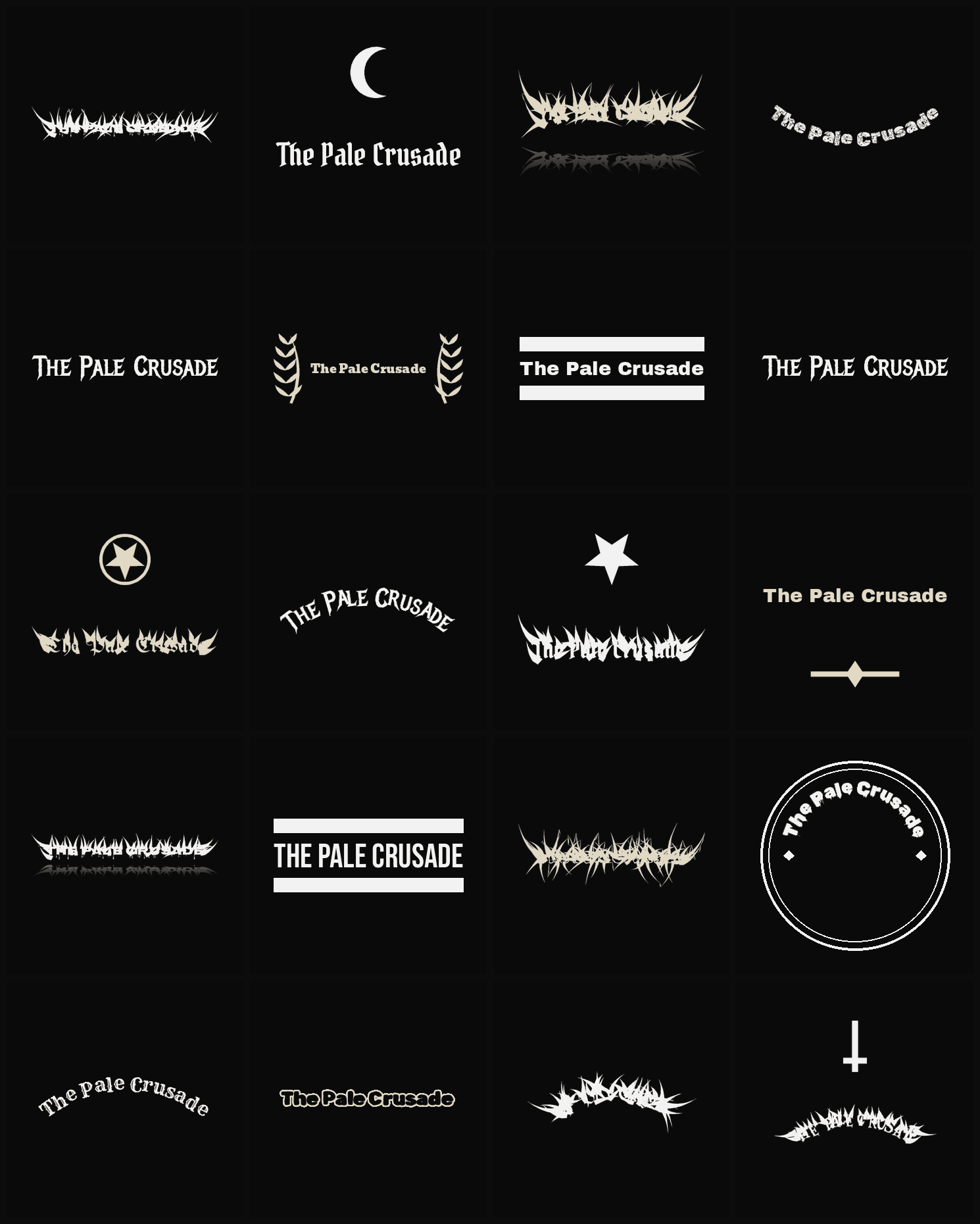 Twenty The Pale Crusade band logo ideas — different faces, treatments and spike settings