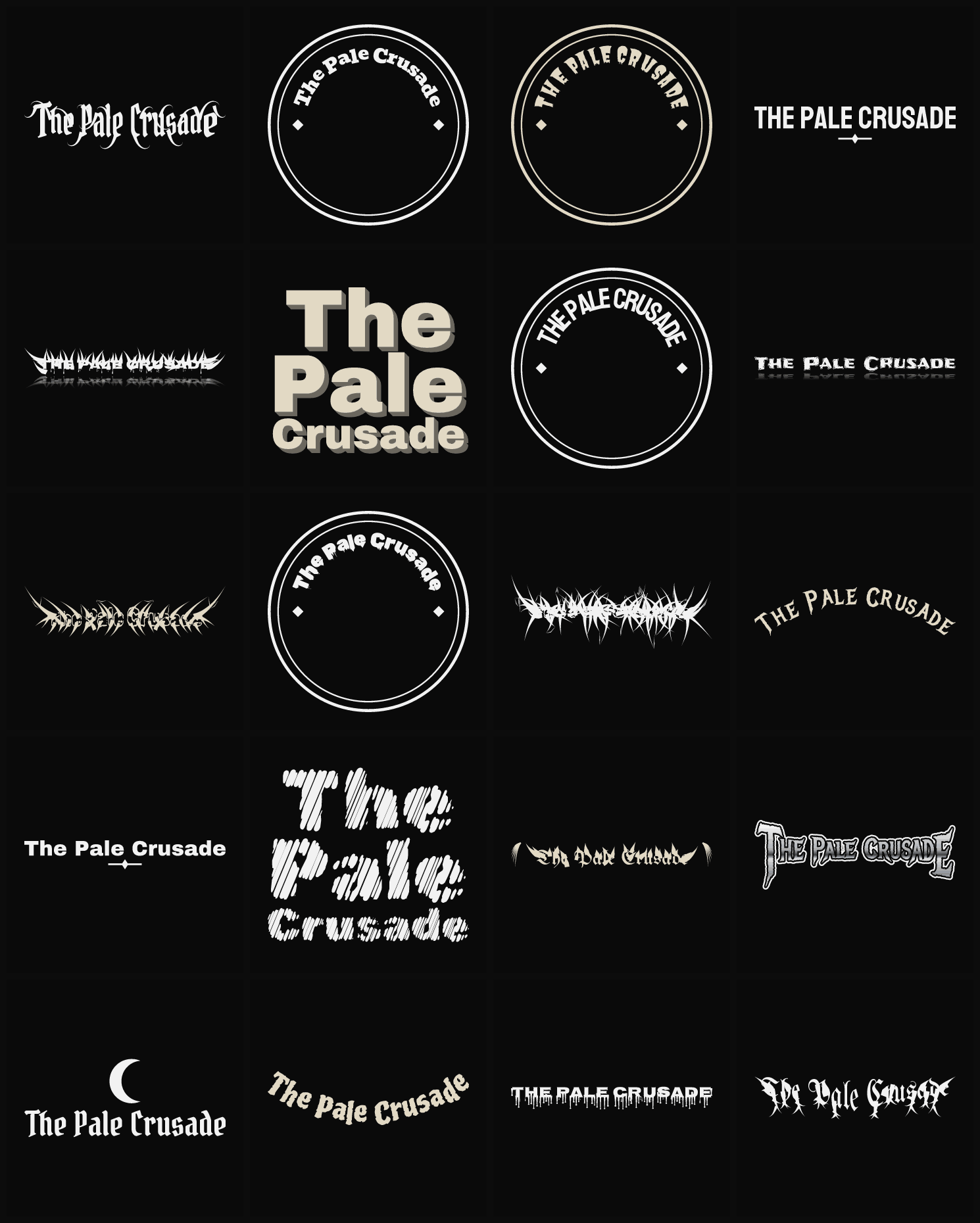 Twenty The Pale Crusade band logo ideas — different faces, treatments and spike settings