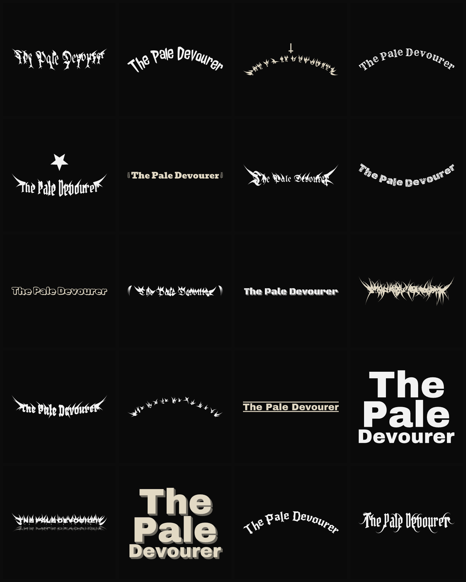 Twenty The Pale Devourer band logo ideas — different faces, treatments and spike settings