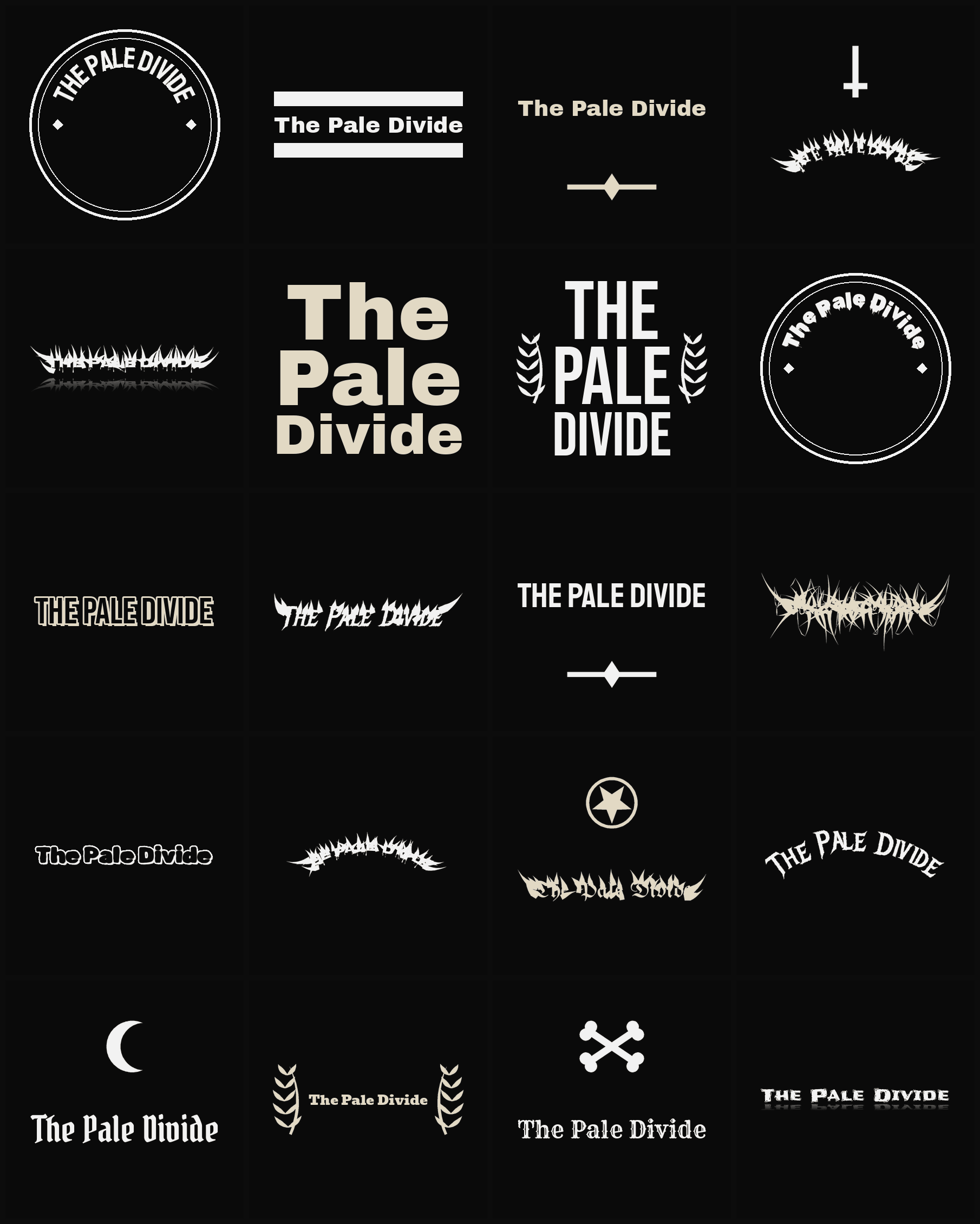 Twenty The Pale Divide band logo ideas — different faces, treatments and spike settings