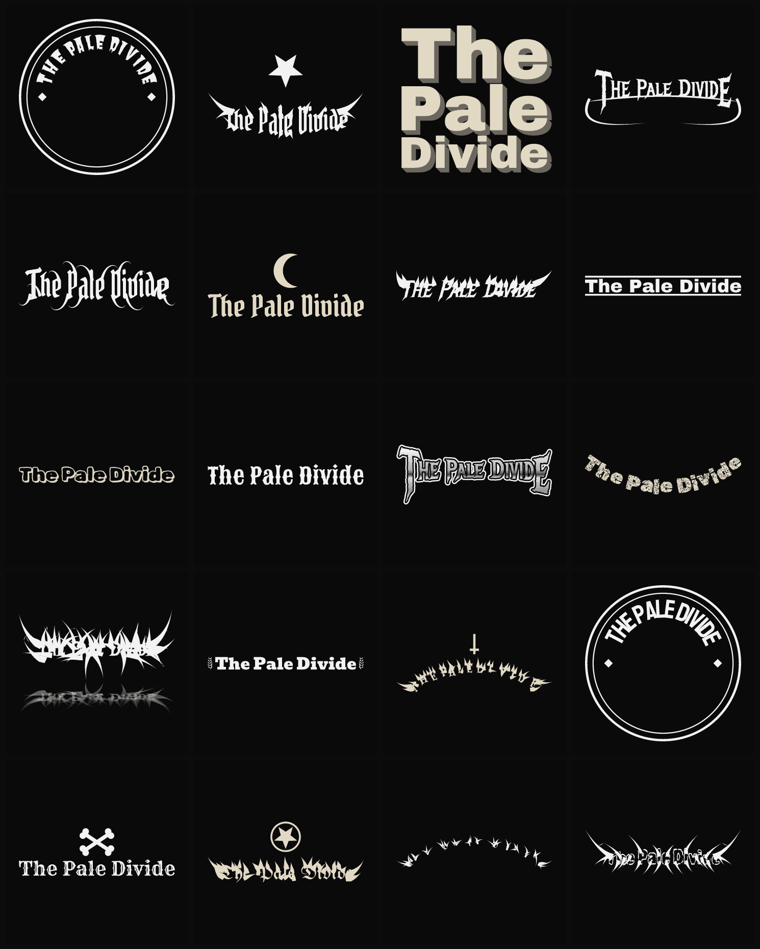 Twenty The Pale Divide band logo ideas — different faces, treatments and spike settings
