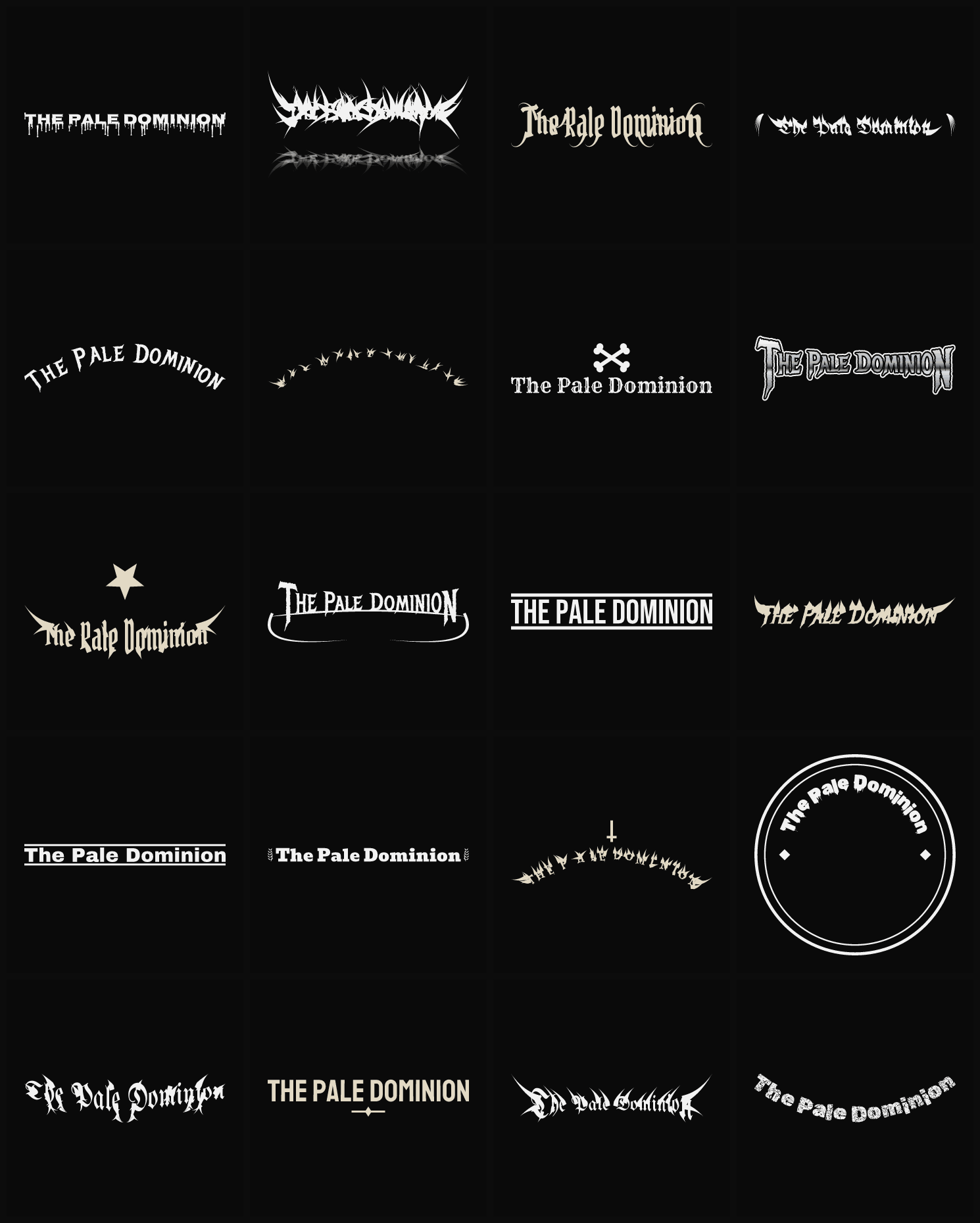 Twenty The Pale Dominion band logo ideas — different faces, treatments and spike settings