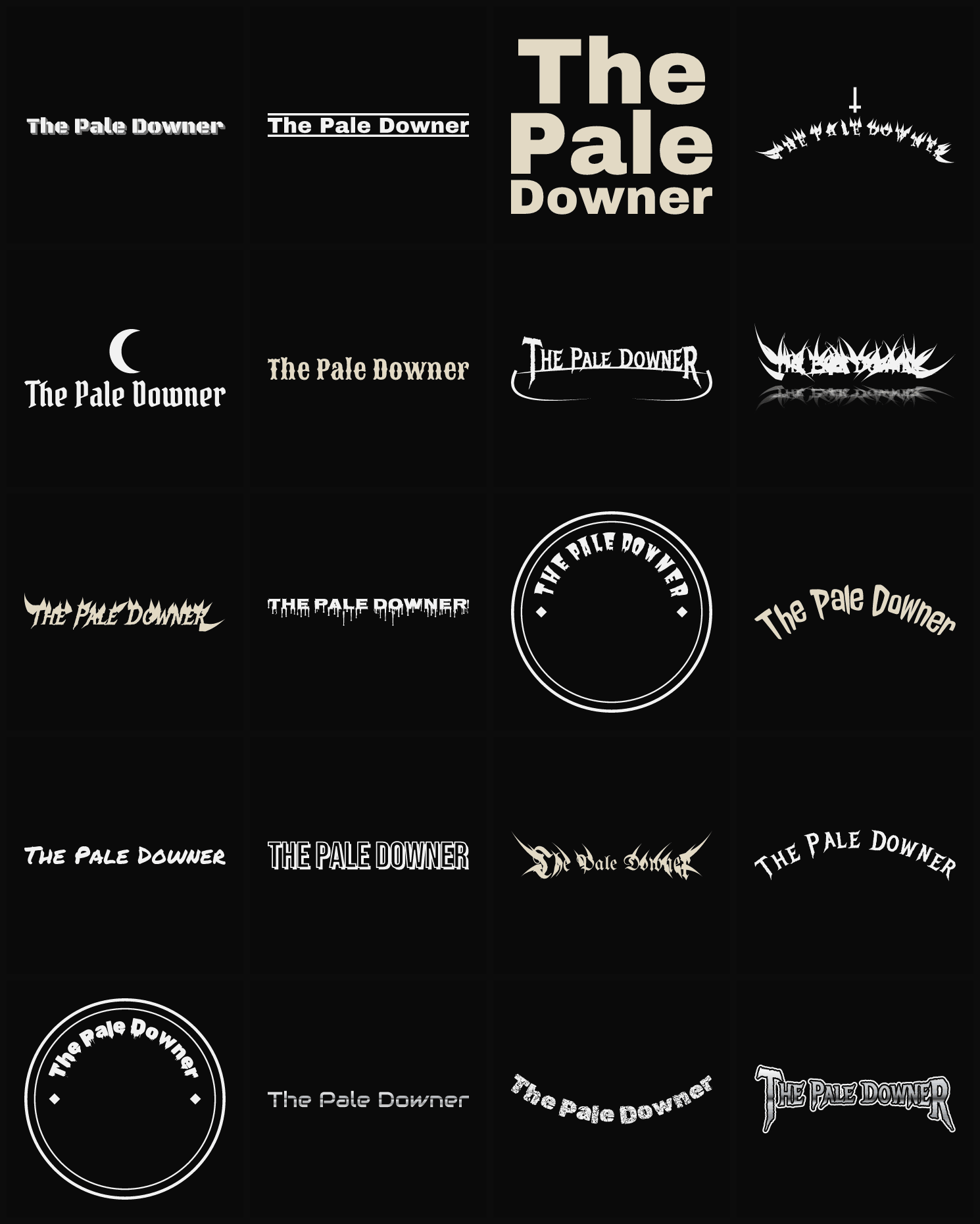 Twenty The Pale Downer band logo ideas — different faces, treatments and spike settings