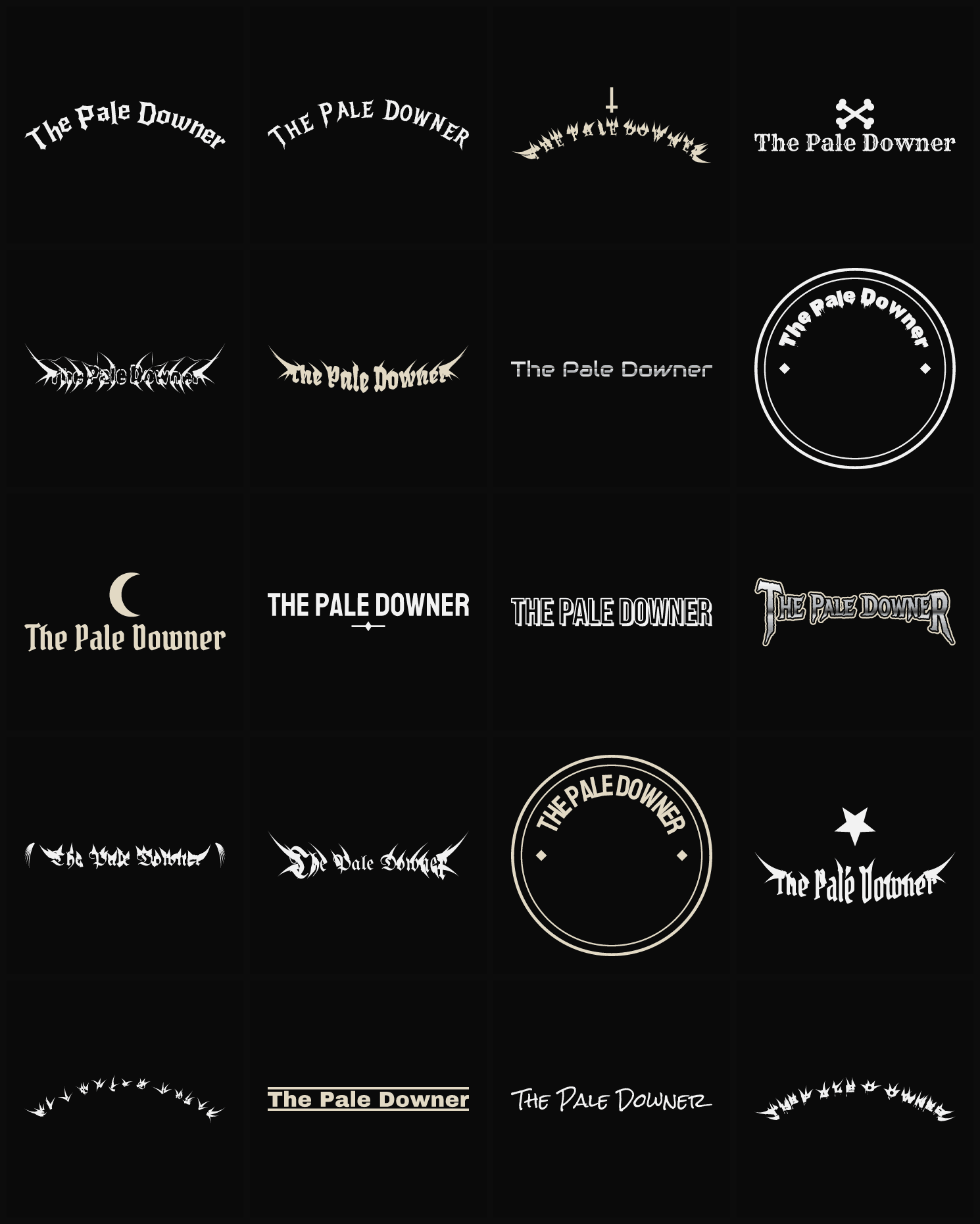 Twenty The Pale Downer band logo ideas — different faces, treatments and spike settings