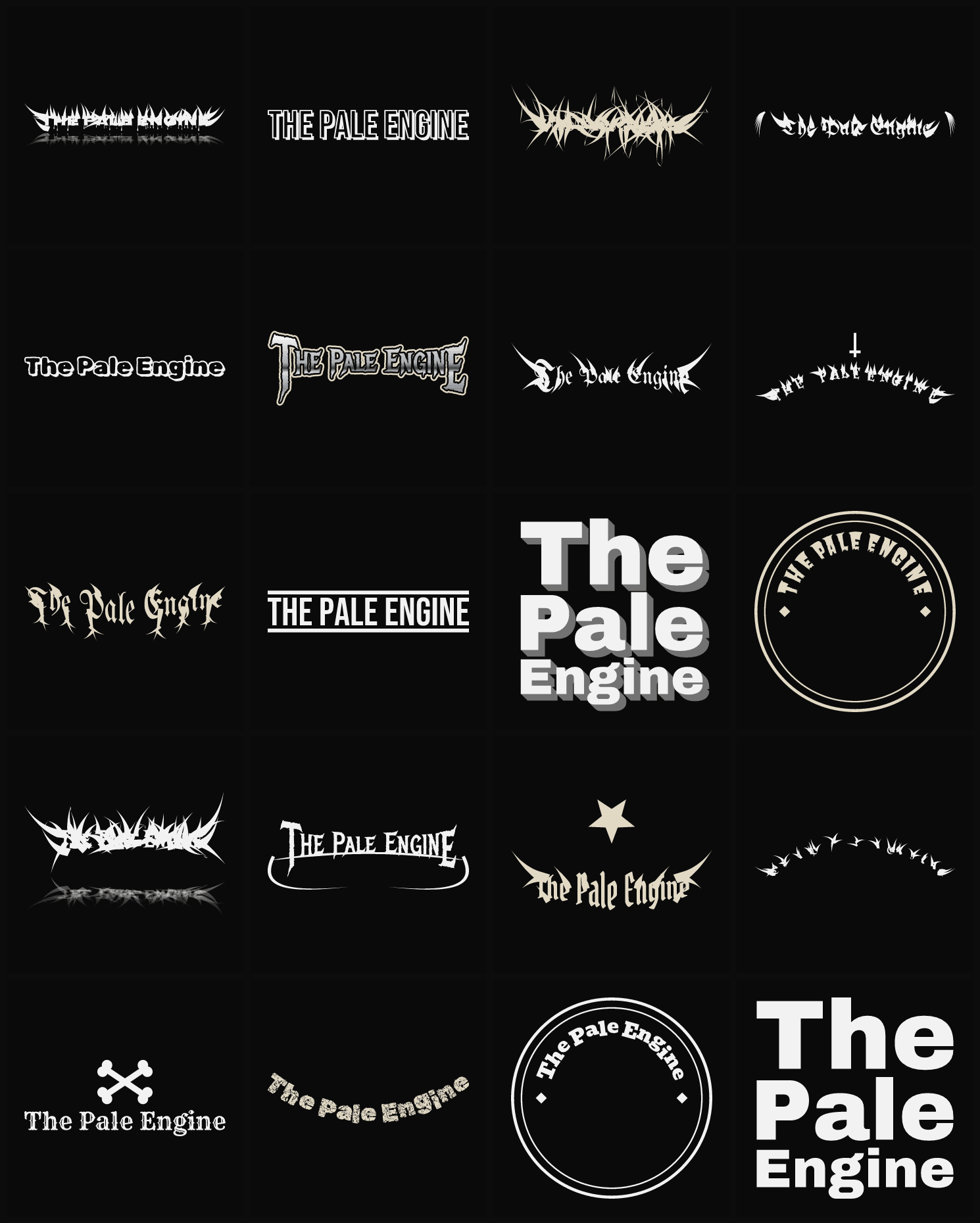 Twenty The Pale Engine band logo ideas — different faces, treatments and spike settings